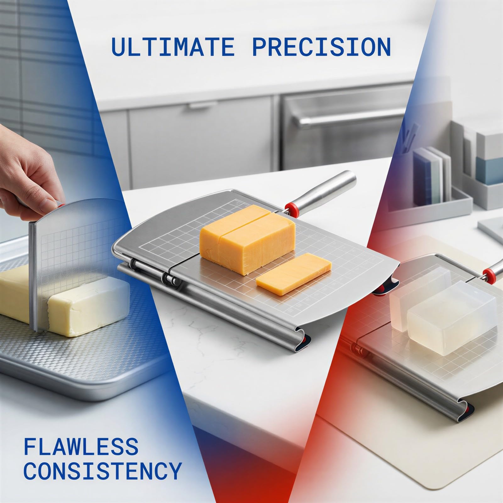 Edelstahl-Schneider, Käsehobel mit Skalenraster-Basis, Butter- und Portionsschneider mit ergonomischem Griff, für Hart- und Weichkäse, Seife, Blöcke, silber
