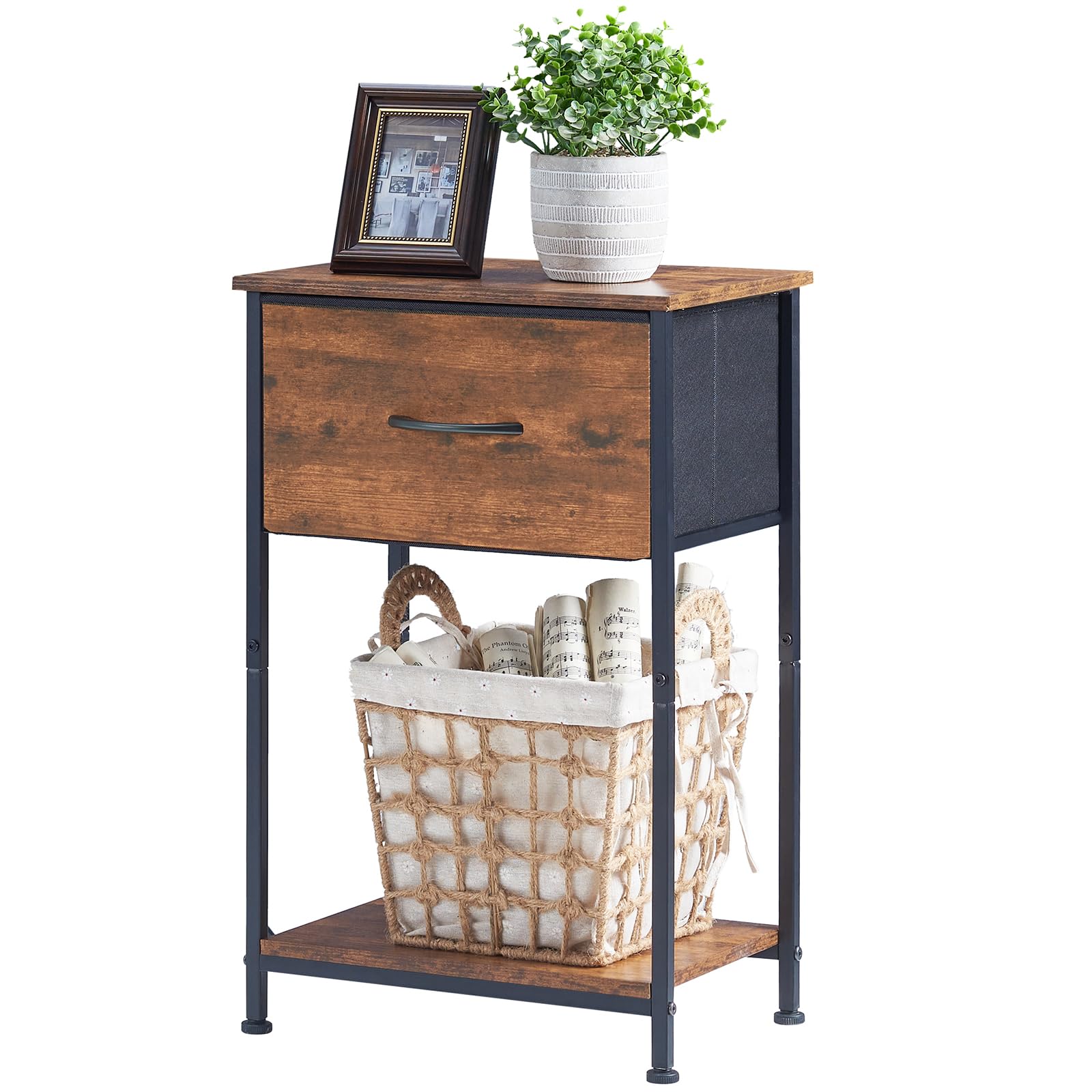 Somdot Nightstand, Bedside Table End Table for Bedroom Nursery Living Room - Removable Fabric Drawer, Open Storage Shelf, Sturdy Steel Frame, Durable Wood Top - Rustic Brown Wood Grain Print