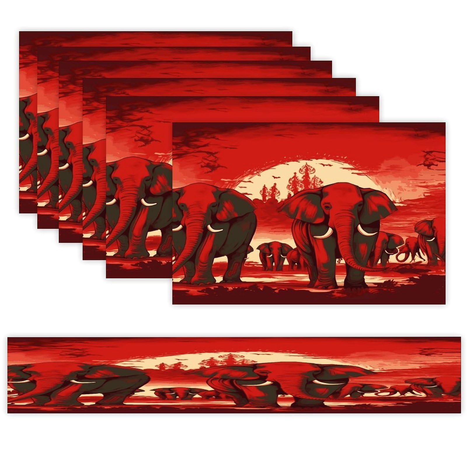 Elephants Red Table Runner and Placemats Set of 6 Heat Resistant Washable Table Runners Dining Mat Sets Modern Cloth Place Mats Linen Table Decor for Kitchen Dining Room