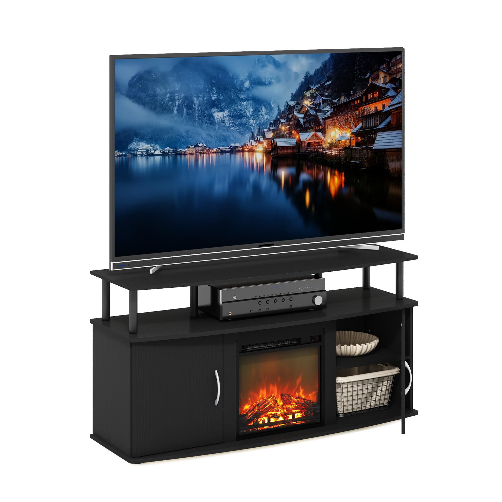 Furinno Jensen Fireplace TV Stand, Entertainment Center, TV Console for TV up to 55 Inch with Fireplace and Doors Storage Cabinet, for Living Room, Bedroom, Americano