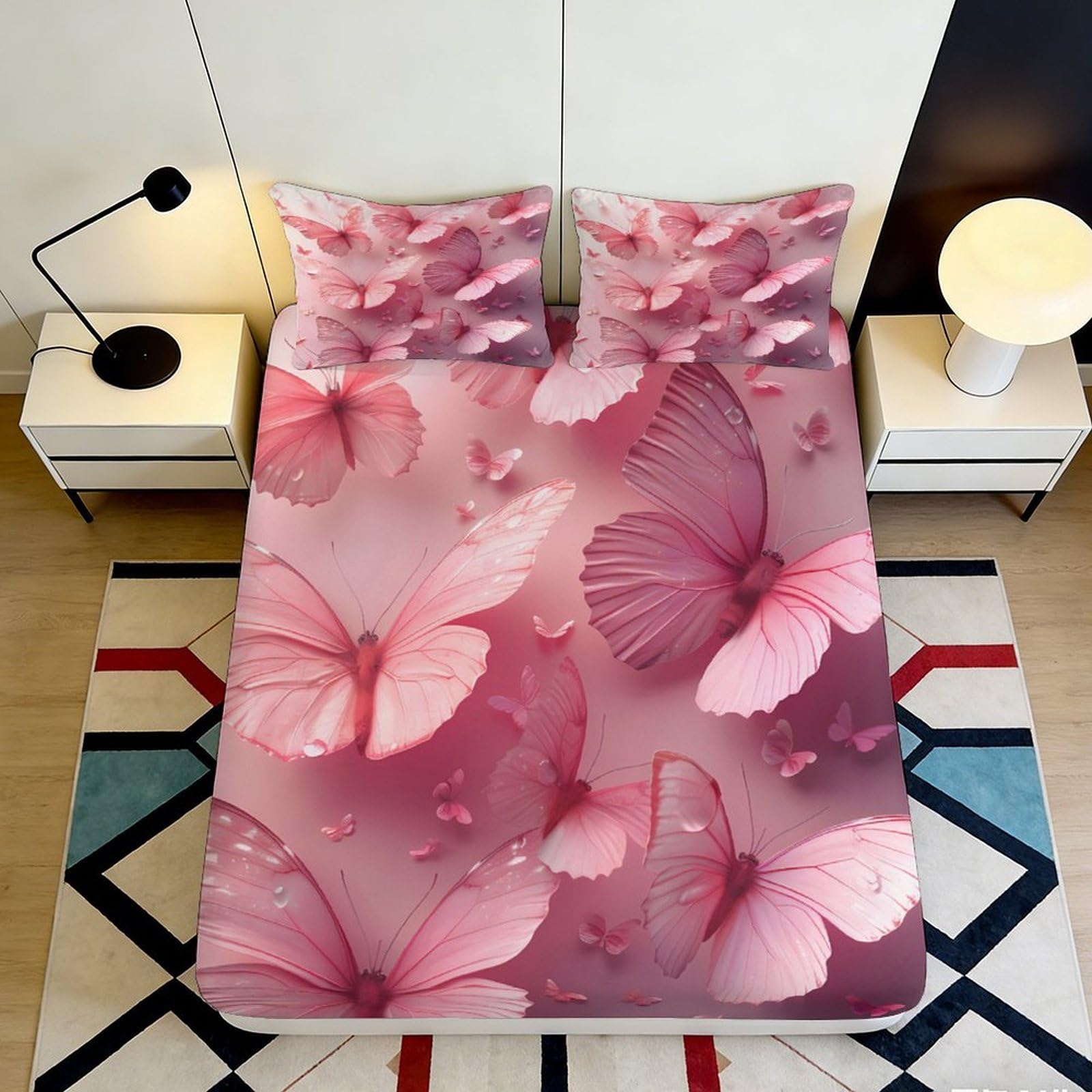 Pnayamiorkfel Style-9 3D Printed Pink Butterfly Fitted Sheet Microfiber Soft Breathable Dreamy Wings Bed Cover For Bedroom Guest Room Decor 90X200x25cm
