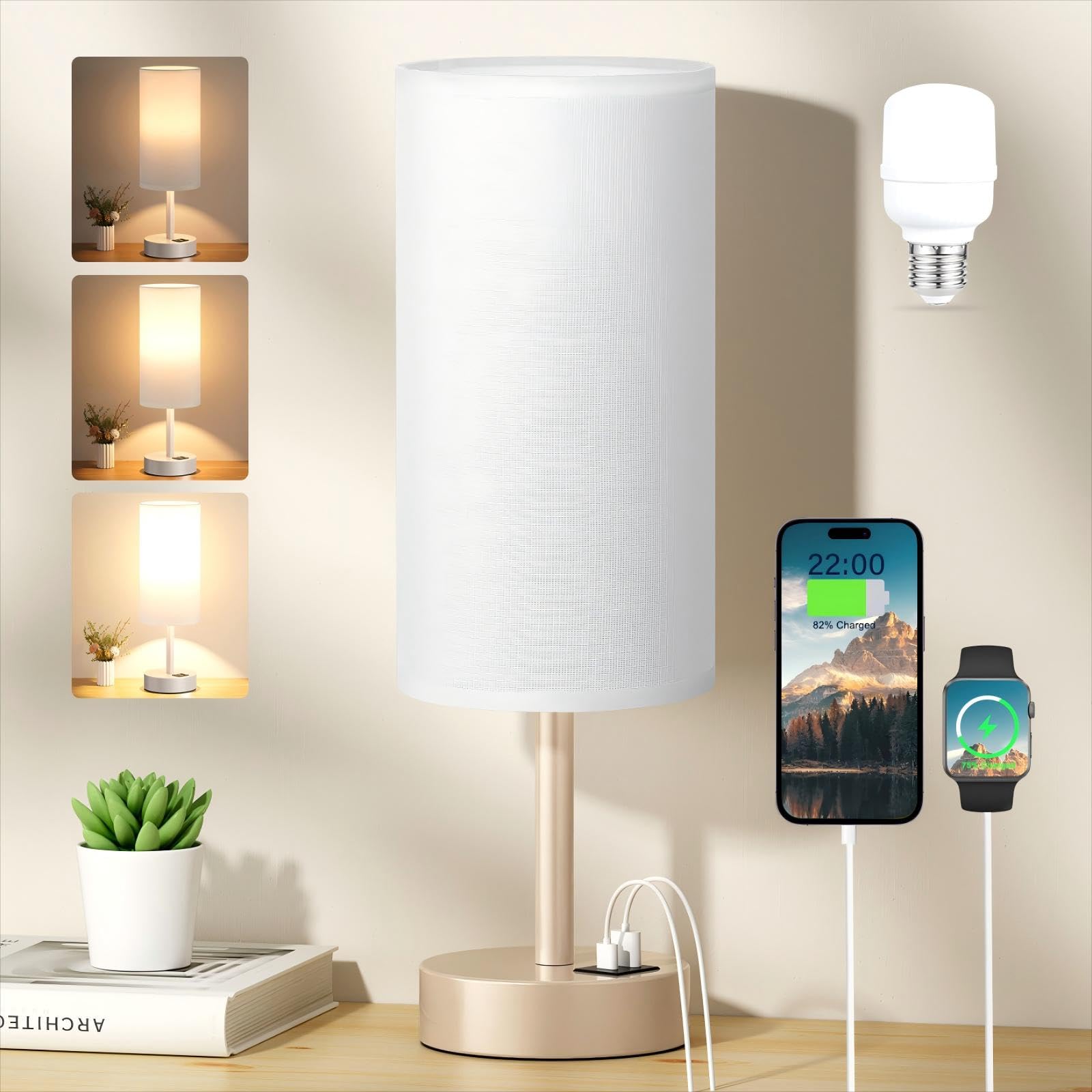 Aooshine Gold Bedside Lamp, Table Lamp with USB-C+A Charging Ports, Gold Metal Base(Bulb Included), F-champagne Gold, 14in