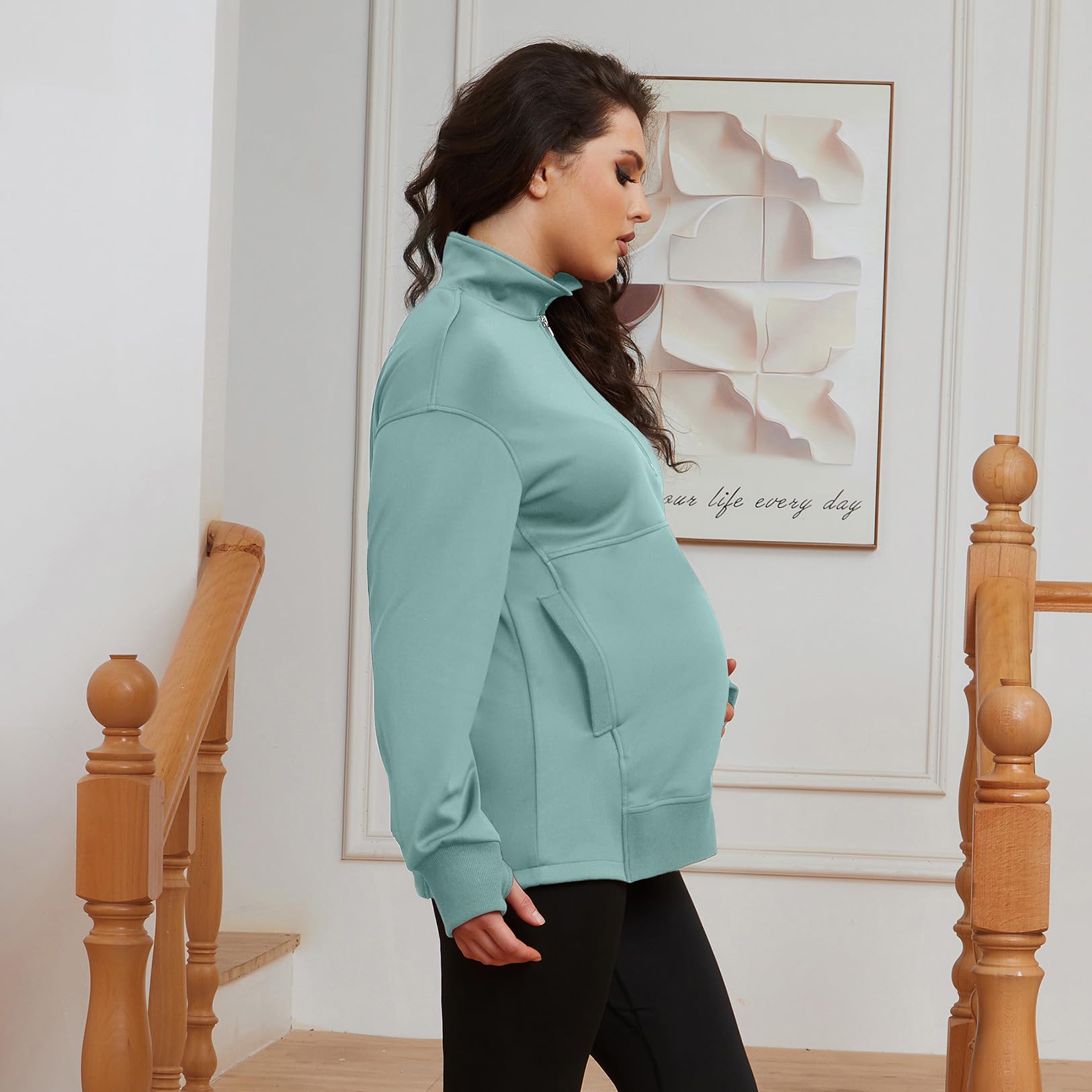 Bhome Umstands-Sweatshirt, halber Reißverschluss, aktives Umstandsshirt, langärmelig, mit Daumenlöchern und Taschen, Umstandspullover