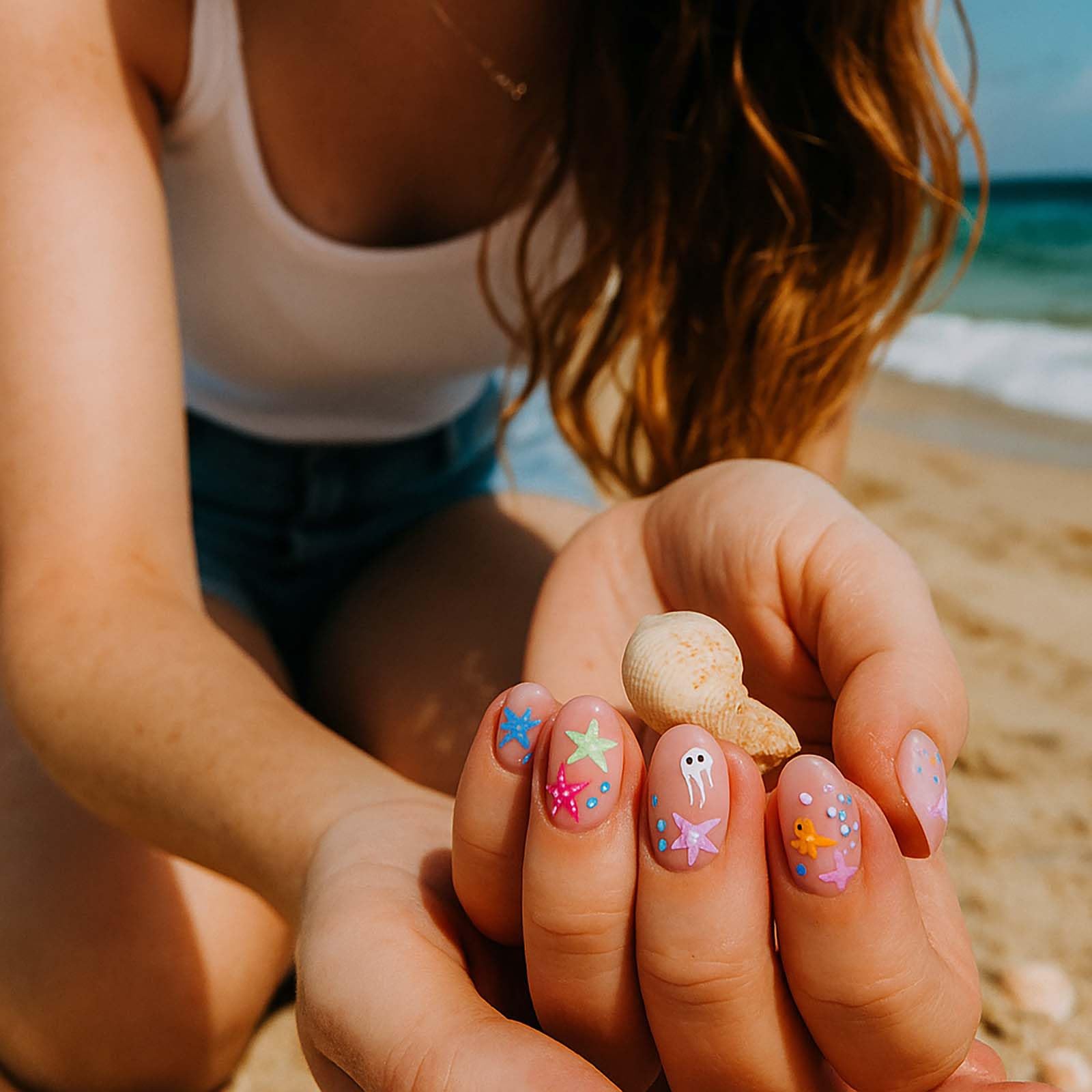 Ocean Starfish Coral Design Press On Nails, 24Pcs Short Glossy False Nails With Unique Marine Patterns - Image 2