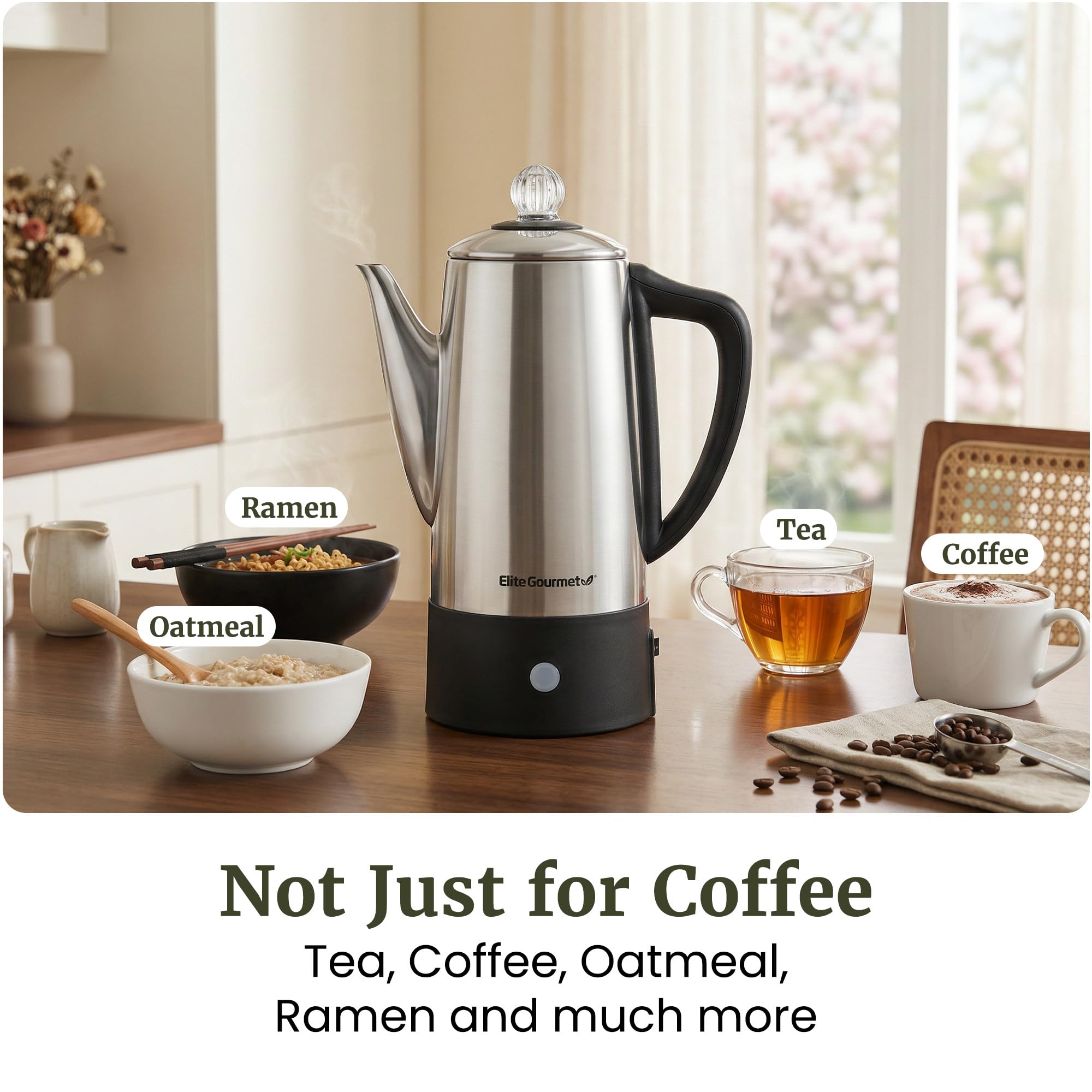 Elite Gourmet EC140 - Percolatore elettrico per caffè da 6 tazze con manopola per mantenere il caldo, manopola di avanzamento della birra trasparente, maniglia Cool-Touch, servizio senza cavo, in