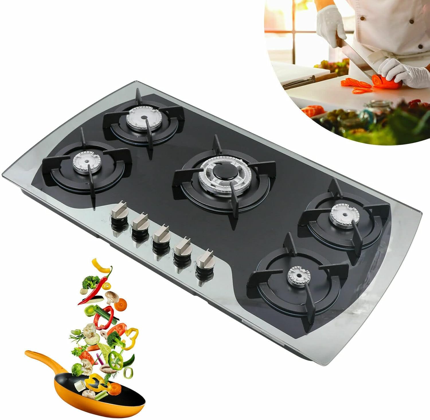 Futchoy 35 inch Gas Cooktop, Built-In 5 Burner Gas Hob Cook top, Stainless Steel Gas Stoves Drop-in Cooktops, NG/LPG gas burner, Kitchen Cooker cooktops