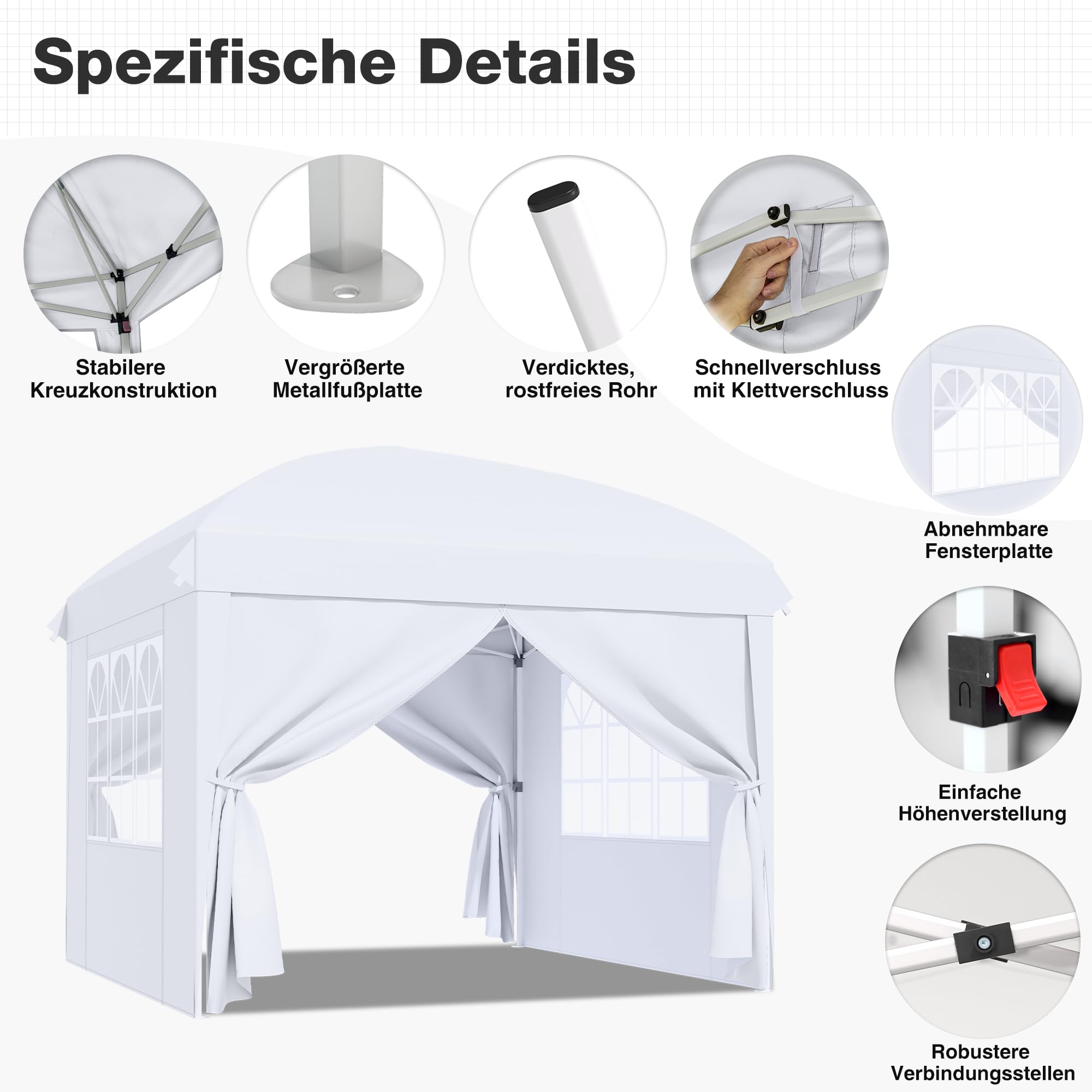 Pavillon 3x3 Faltbar mit Seitenwänden, Faltpavillon Wasserdicht | Pop up Pavillon Stabil Winterfest, Partyzelt mit 4 Gewichte Höheverstellbar, UV Schutz, für Camping Party Garten, Weiß