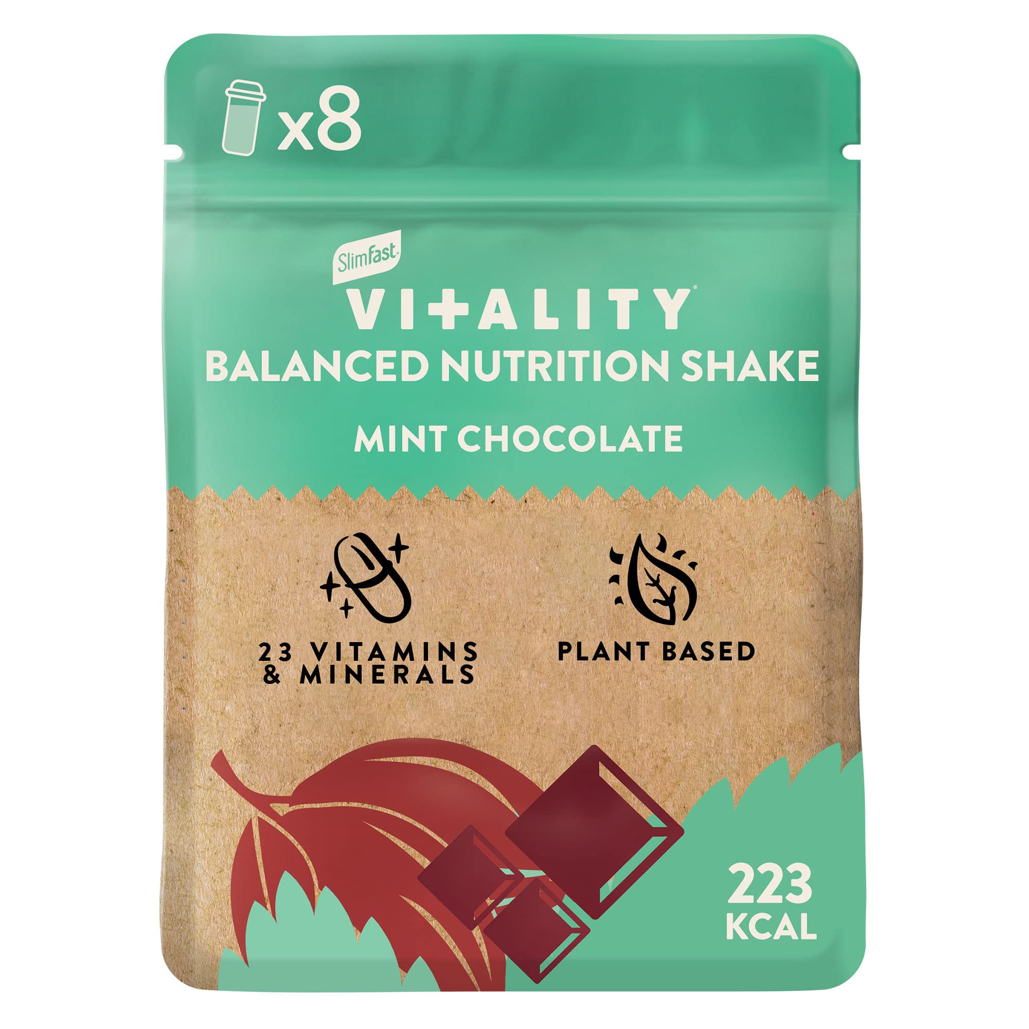 SlimFast Vitality Balanced Nutrition Shake with Vitamins and Minerals for Balanced Lifestyle, Vegan, Mint Chocolate Flavour, 8 Servings, 480 g