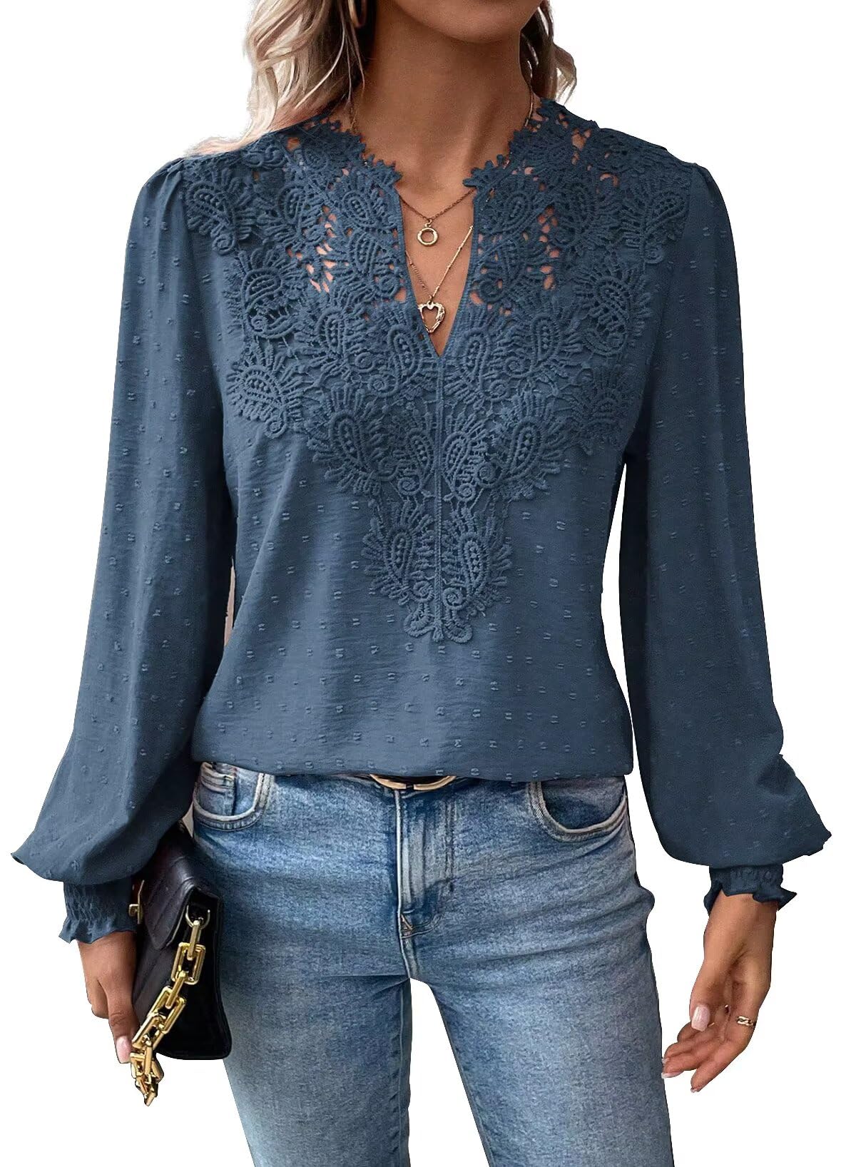 Falechay Womens Tops Swiss Dot Boho Long Sleeve Shirts V Neck Casual Chiffon Blouses Flowy Lace Hem Cute Clothing Trendy 2026