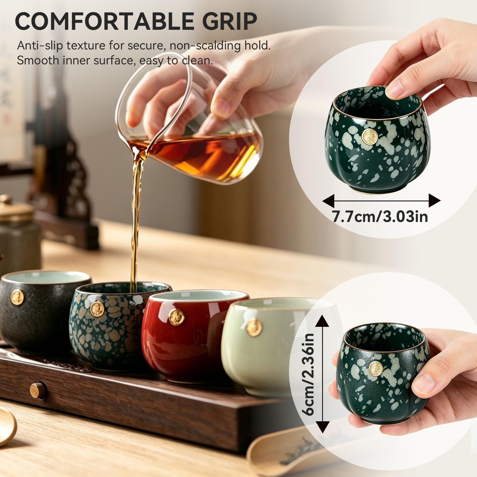 HERCHR Tasse à thé Japonaise,Tasse à Thé en Céramique,Tasses à Thé Japonaise en Céramique, 4 Tasses à Thé Service à Saké Chinois/Japonais Service à Thé Kung Fu Ensemble de 4 Tassess à la Main