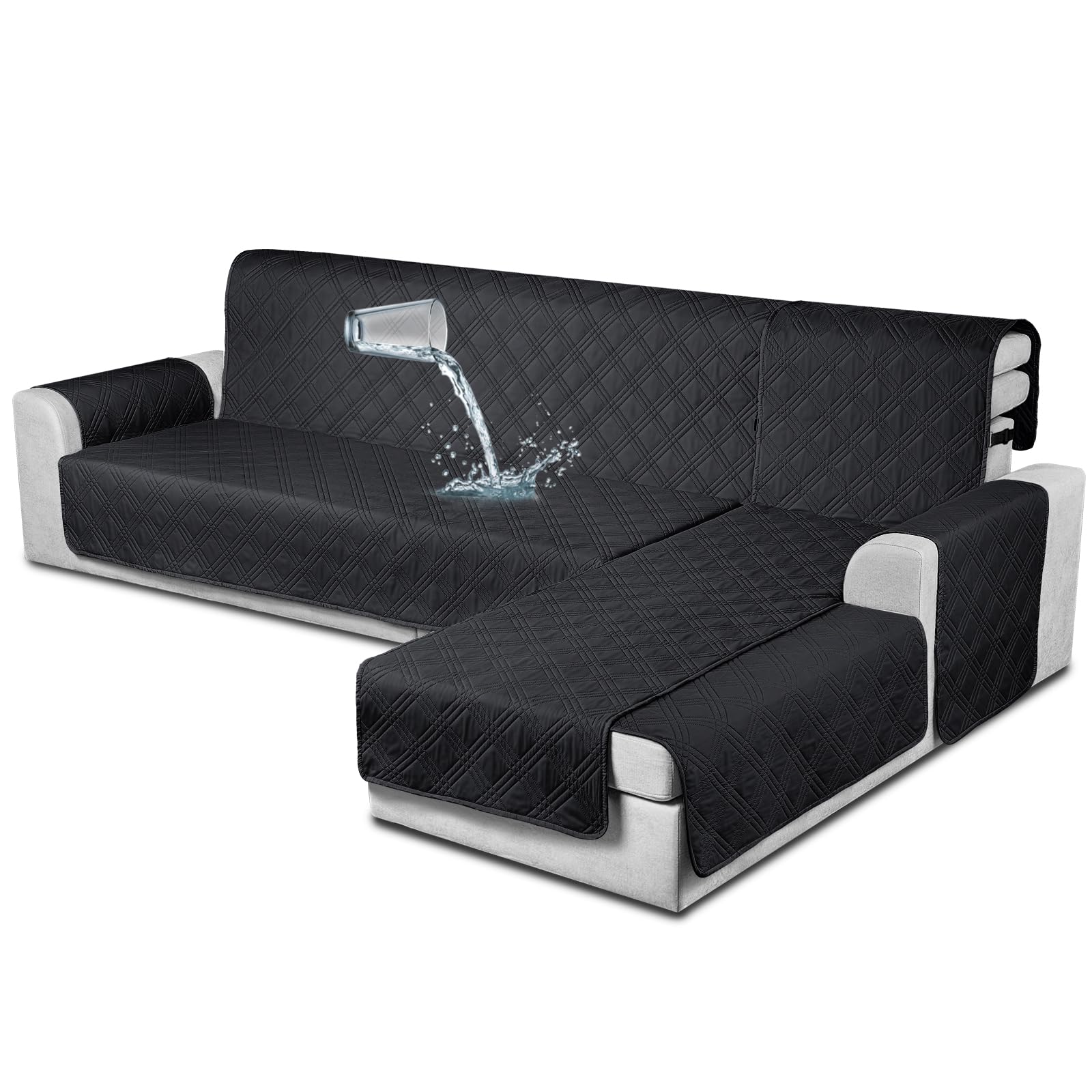 TAOCOCO Waterproof Sectional Sofa Covers,3 Seater L Shaped Chair Covers,3-Piece Reversible Couch Covers for Pets Kids,Corner Waterproof Sofa Protector With Elastic Straps(Black)