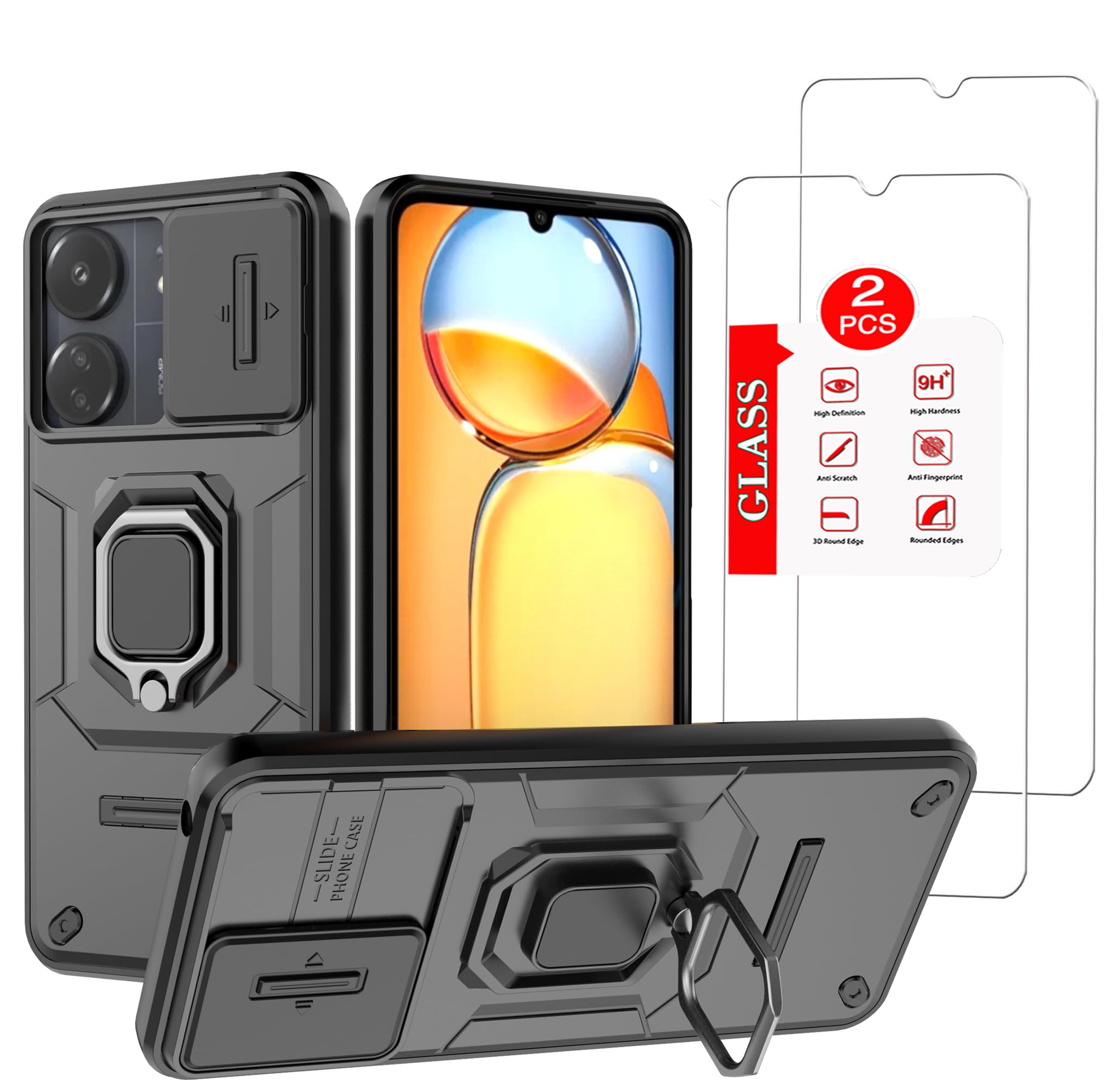 for Xiaomi Redmi 13C Case with [2 Pack] Tempered Glass Screen Protector, for Redmi 13C Case [Military-Grade] Protective，with Lens Protects Magnetic Kickstand Mount Holder Phone Case