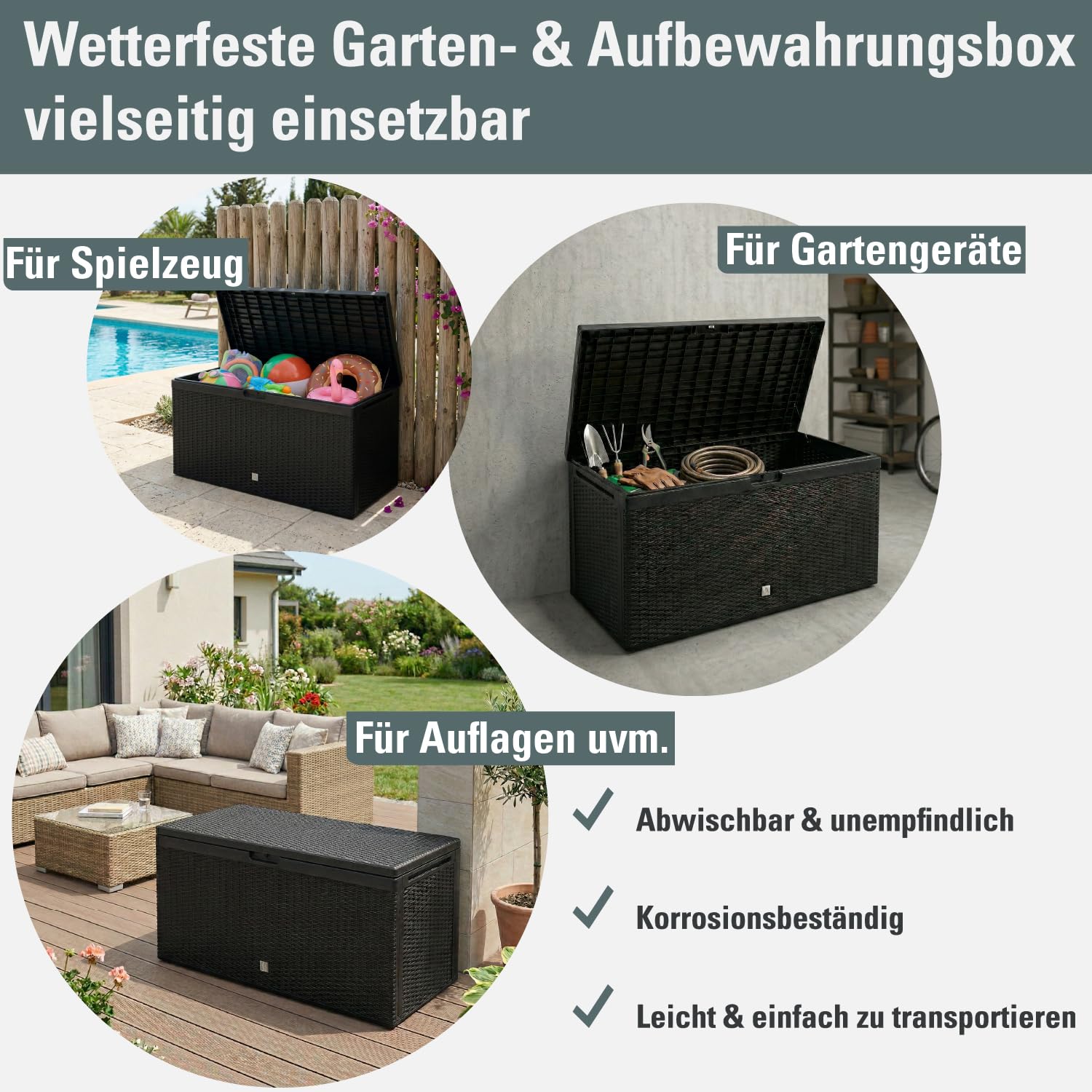 Prosperplast Boxe Rato Plus Gartenbox Aufbewarung Aufbewahrungsbox Rattan 290L Tarrase (Anthrazit)