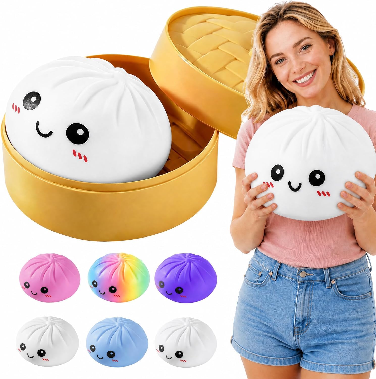 25cm Giant Dumpling Squishy with Steamer, Extra Large Big Jumbo Dumpling Stress Ball, Soft Squeeze Decompression Dough, Anxiety Relief Fidget, Adult Fidget Tool