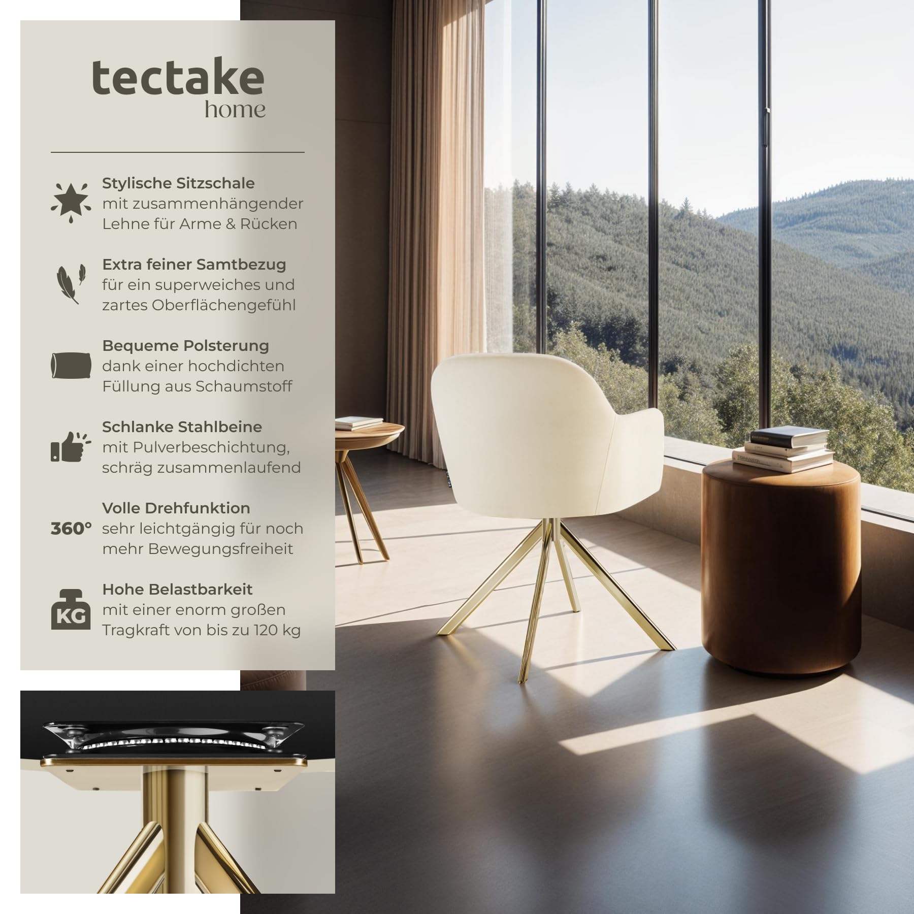 tectake® Esszimmerstuhl drehbar, Armlehnstuhl drehbar, ergonomischer Stuhl Samt, Stühle für Esszimmer, Möbel für Wohnzimmer, Arbeitszimmer, Esstisch, Schminktisch - 2er Set - Creme/Gold