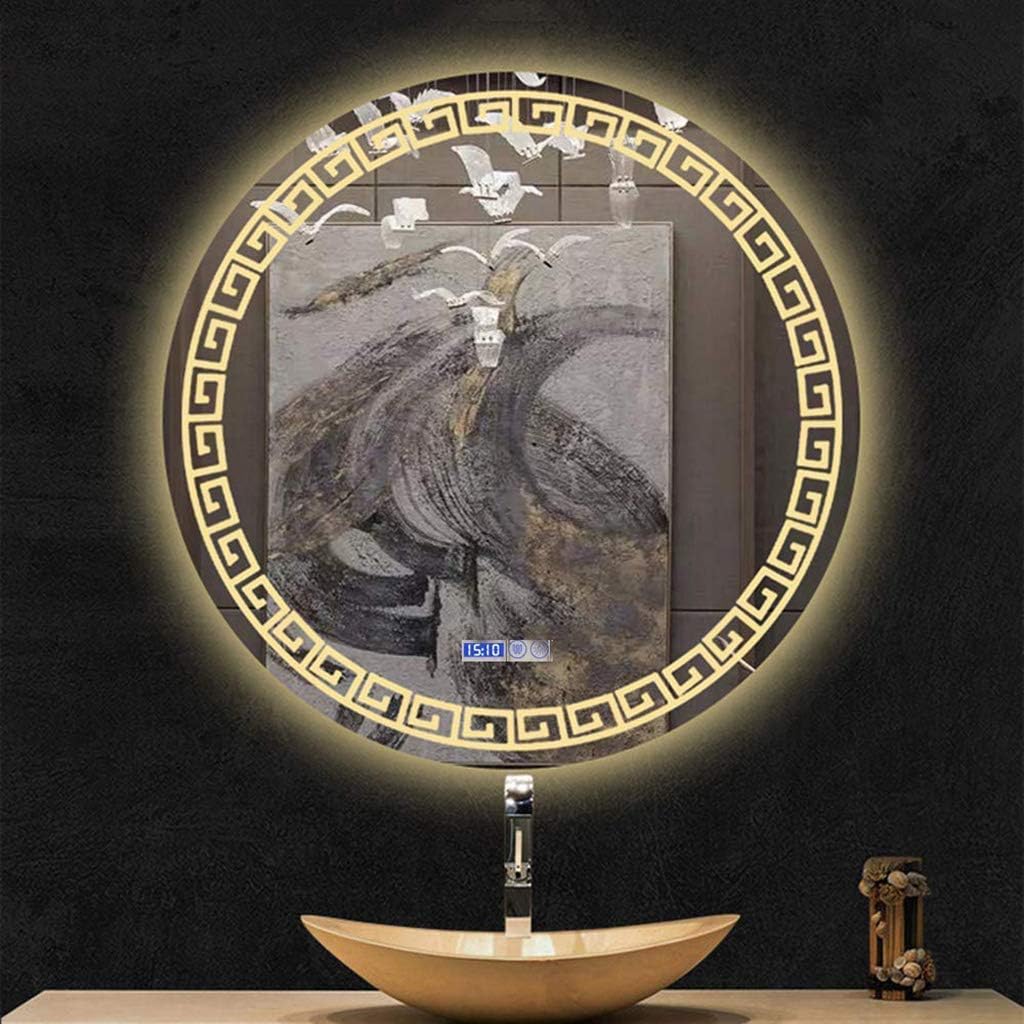 Round Bathroom Mirror LED Illuminated Vanity Mirror Two-Touch Switch Anti-Fog Mirror with Time and Temperature Display
