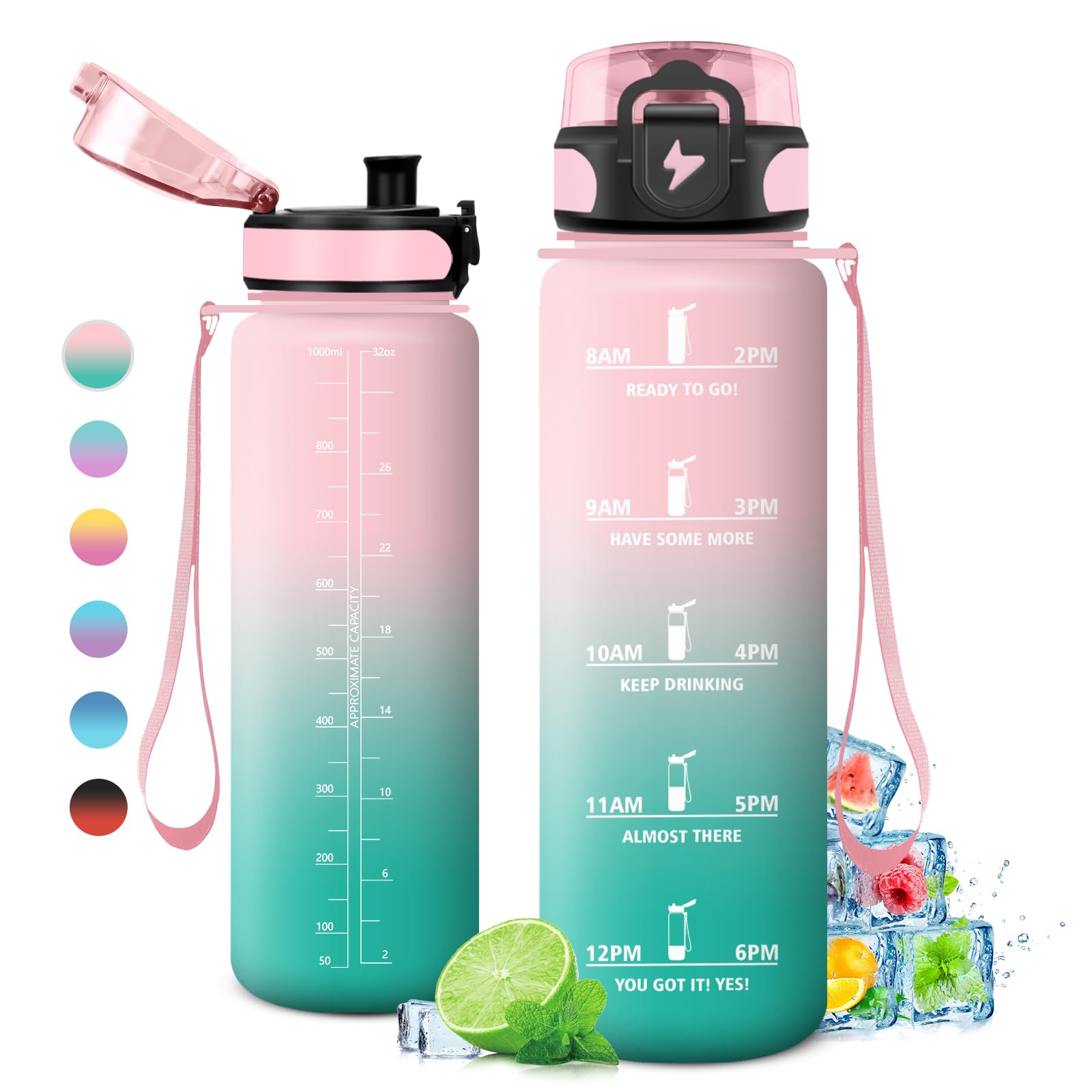 KollyKolla butelka sportowa, 350ml/500ml/800 ml/1l/1,5l, ze znacznikami czasu i filtrem, szczelna, nie zawiera BPA, szczelna, butelka sportowa, odpowiednia dla dzieci, do szkoły, niemowląt, na rower, do fitnessu