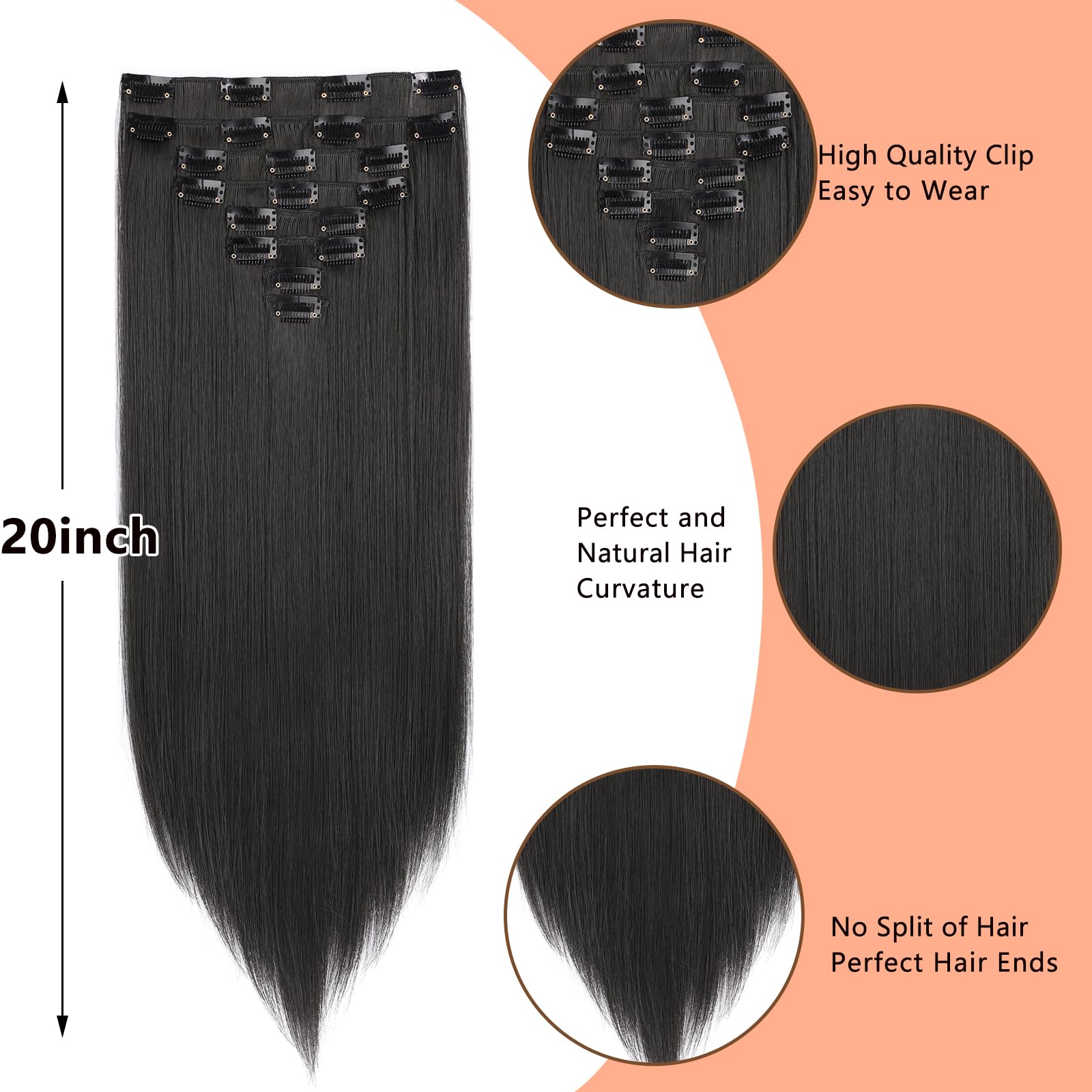 Mscat 20 Inch Clip in Hair Extensions 8Pieces/Set Straight Hair pieces hair extensions Natural Soft Synthetic Hairpieces for Women(2#) - Image 3