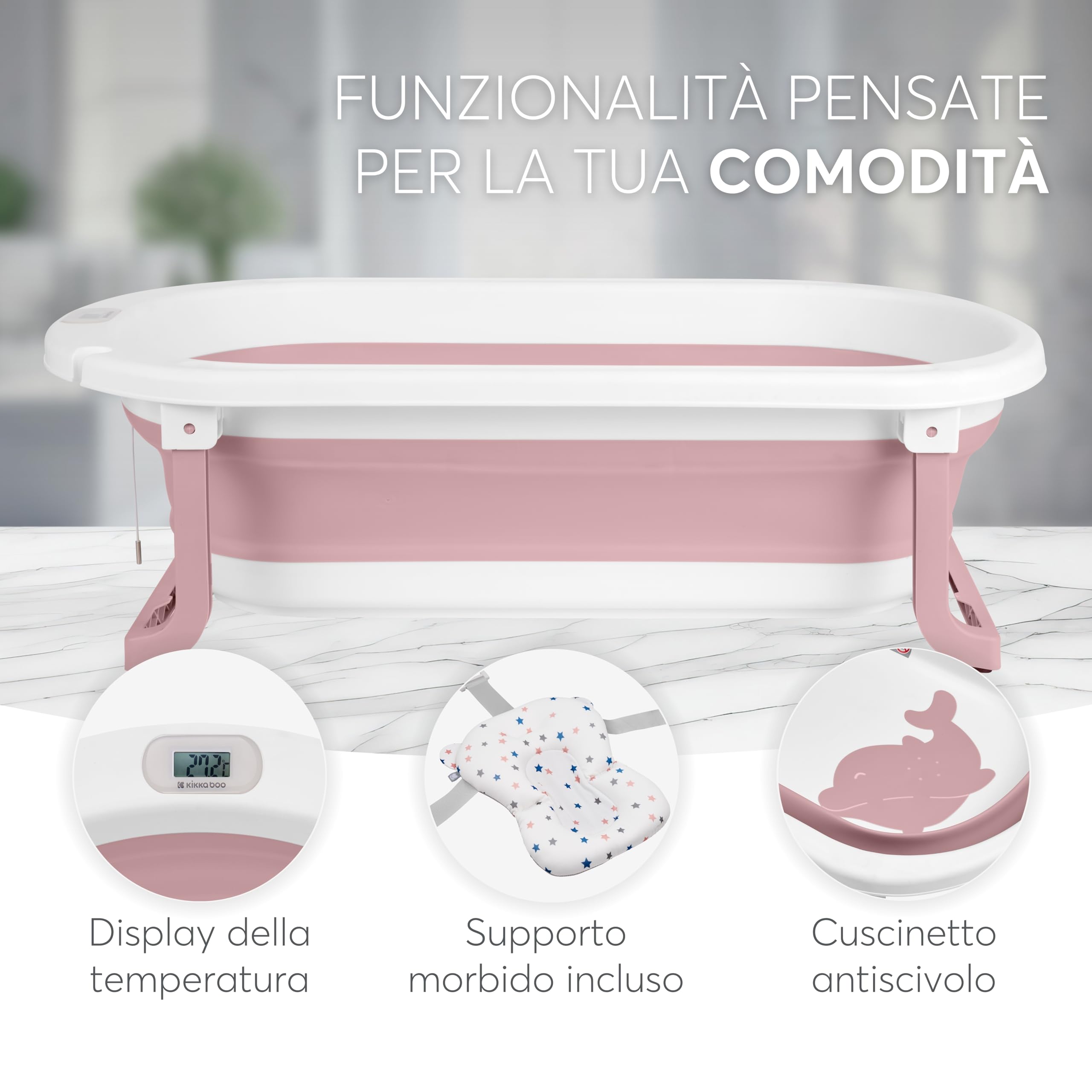 KikkaBoo Vaschetta Bagnetto Neonato Pieghevole WILLY, Salvaspazio con Termometro Integrato, Cuscino Morbido di Supporto, Gambe Antiscivolo, 0-36 Mesi, Regalo Nascita Bambino, Rosa
