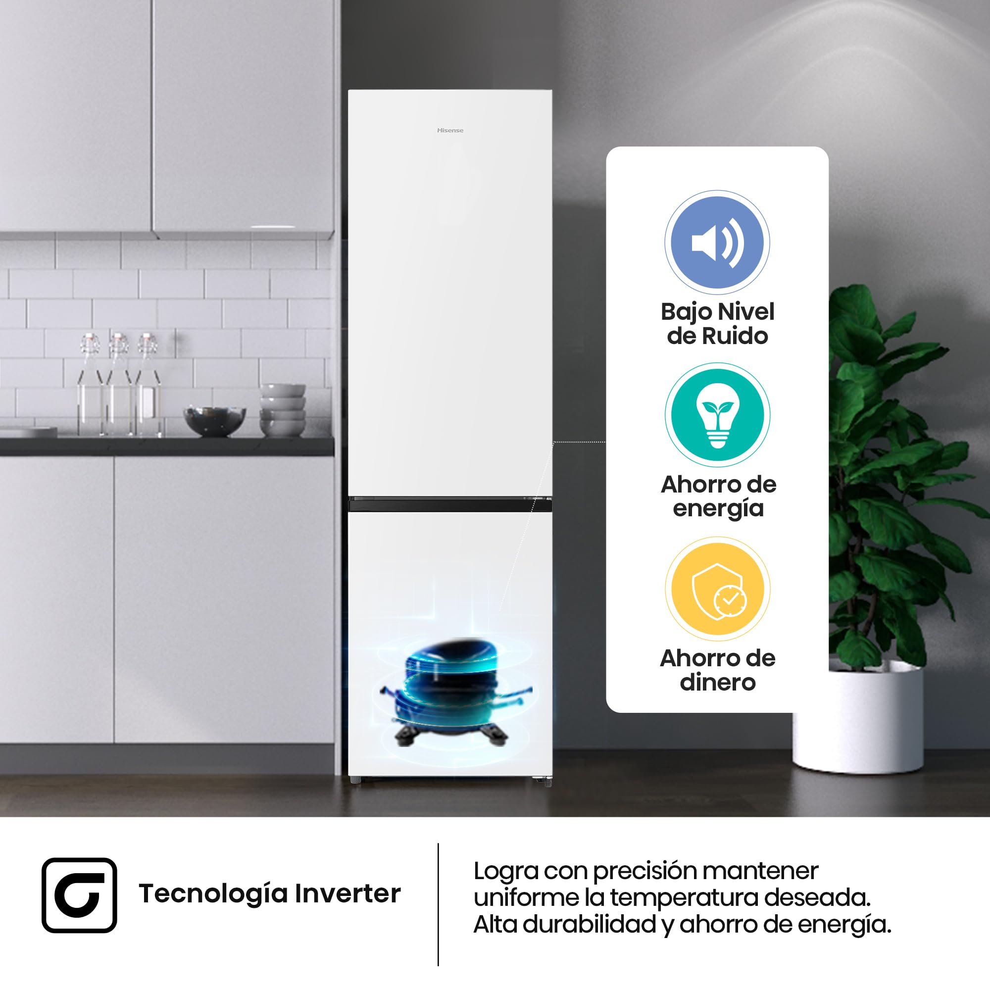 Hisense RB440N4AWA - Frigorífico Combi Total No Frost, Clase A, 336L, 202cm, Multi Airflow, Apertura de Puerta 90, Congelamiento Rápido, Botellero, Puerta Reversible, WiFi, Blanco