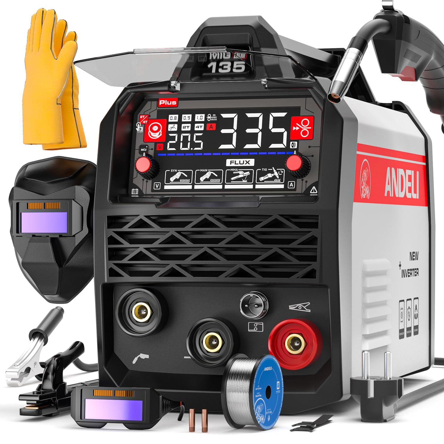 ANDELI 135A 4-in-1 Kompakt Schweißgerät ohne Gas mit Fülldraht & PULSO | 230V Komplett-Set inkl. Helm & Handschuhe | Mit großer LED-Anzeige & Synergie | Für MIG, WIG-Lift & E-Hand - sofort startklar