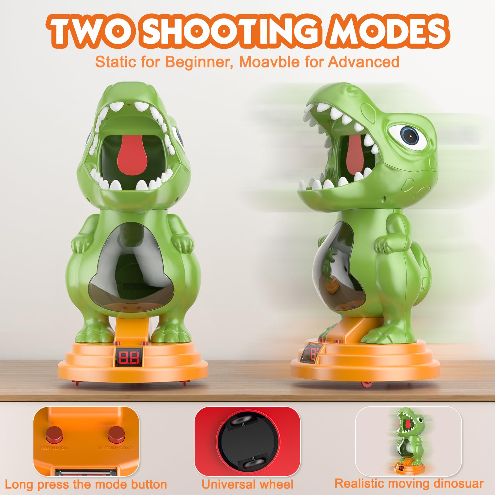 fygurso Giocattolo sparatutto Mobile con Dinosauri con 2 Pistole a Pompa d'Aria, Giochi di tiro al Bersaglio con punteggio LED, Luce e Suono, 24 Palline di Schiuma per 3+, Regalo per Ragazzo (Verde)