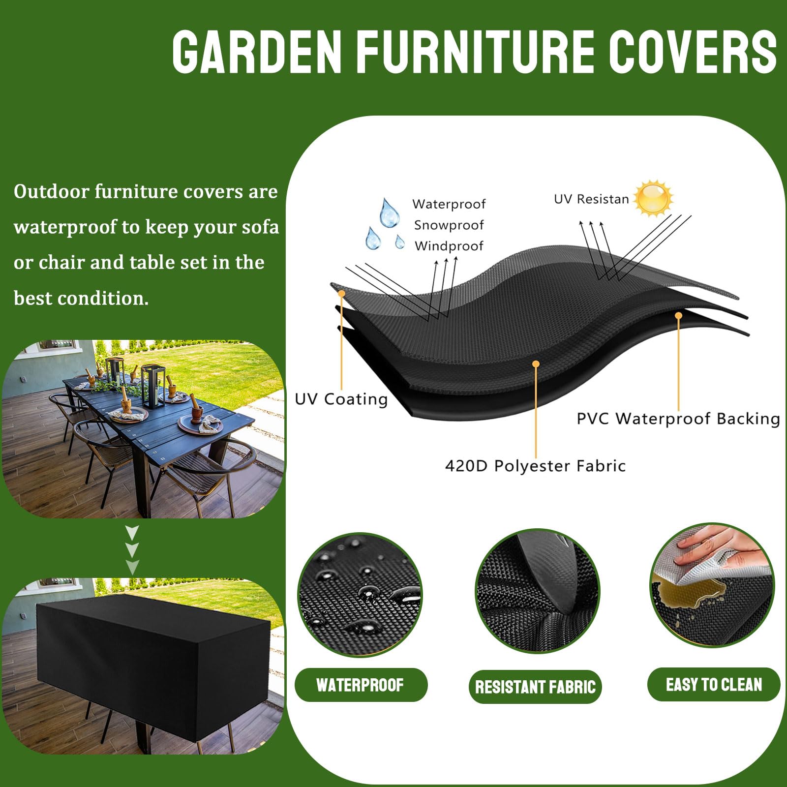 Copertura Per Mobili da Giardino 300x90x50cm 420D Oxford Copertura Protettiva Impermeabile, Copertura Rettangolare per Tavolo da Patio, Copertura Tavolo Esterno, Resistente Ai Raggi Uv Copridivano