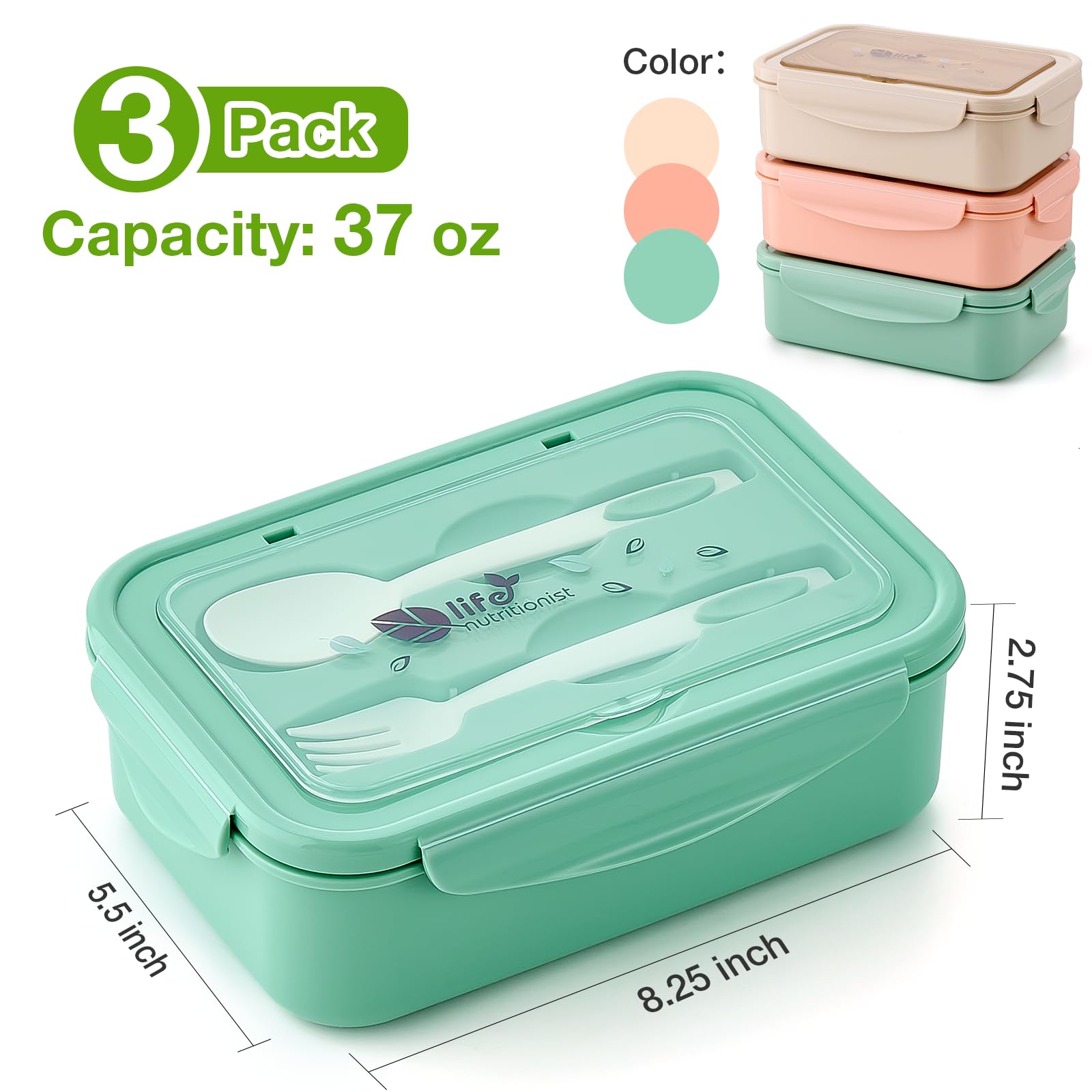 Mfacoy 3 Pack Bento Boxes for Adults/Kids, 1100 ML Bento Lunch Box With Spoon & Fork, Lunch Box Containers, Bento Box for Dining Out, Work, Picnic, BPA-Free, Microwave & Dishwasher Safe - Image 3