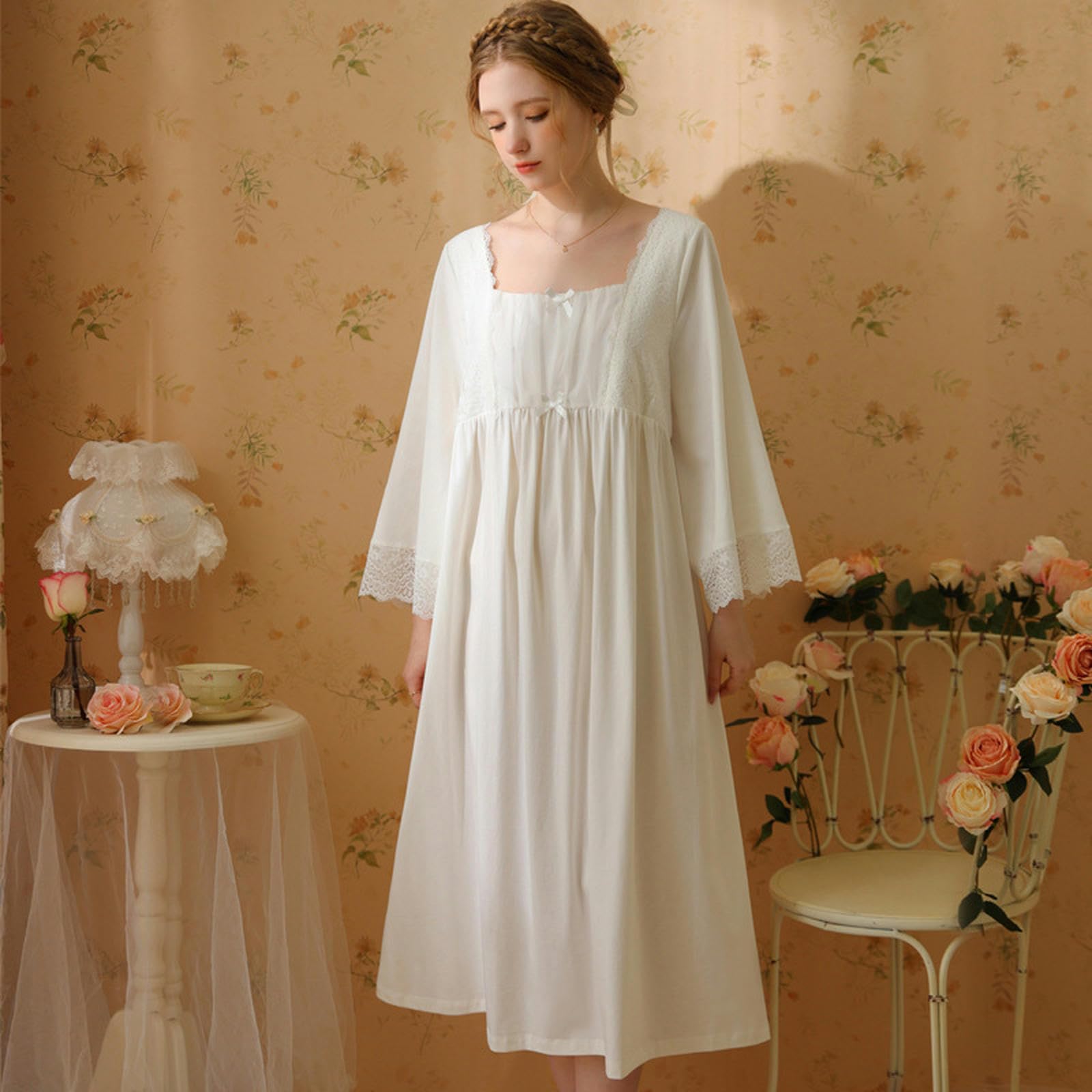 Camicia da Notte Donna Princess Nightdress Women Women Spring And Autumn Long Lace Sweet Girl Cotton Long Dress Lomme-Bianco-XL