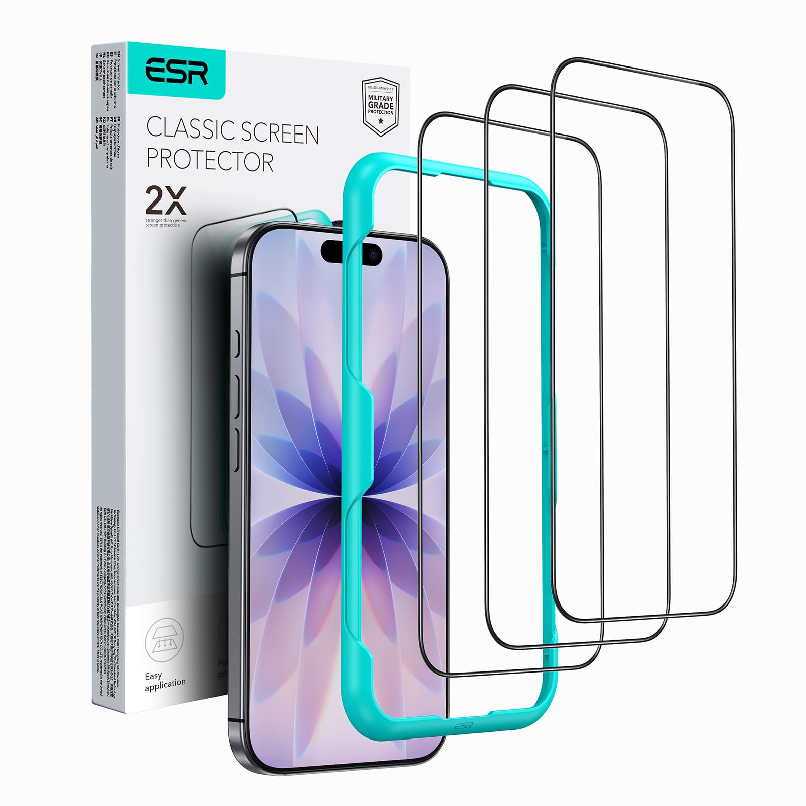 ESR iPhone 16 Pro (6.3-Inch) Glass Film, 3 x Screen Protection Film, Tempered Glass, Easy Installation Tool, 9H Hardness, Military Grade Shatterproof, HD Scratch Resistant