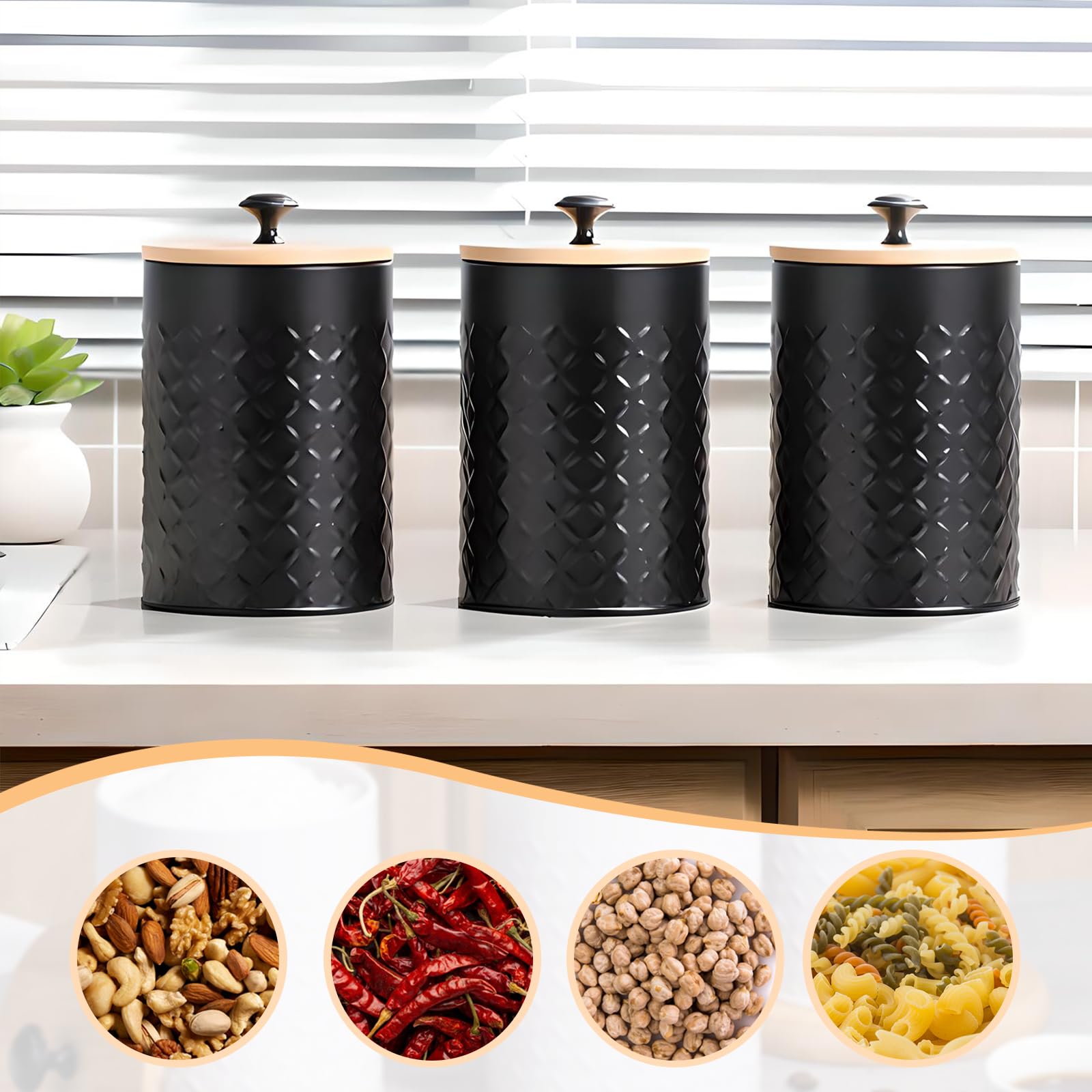 Kiss Me Set di 3 barattoli neri per tè, caffè e zucchero, con coperchio ermetico in bambù