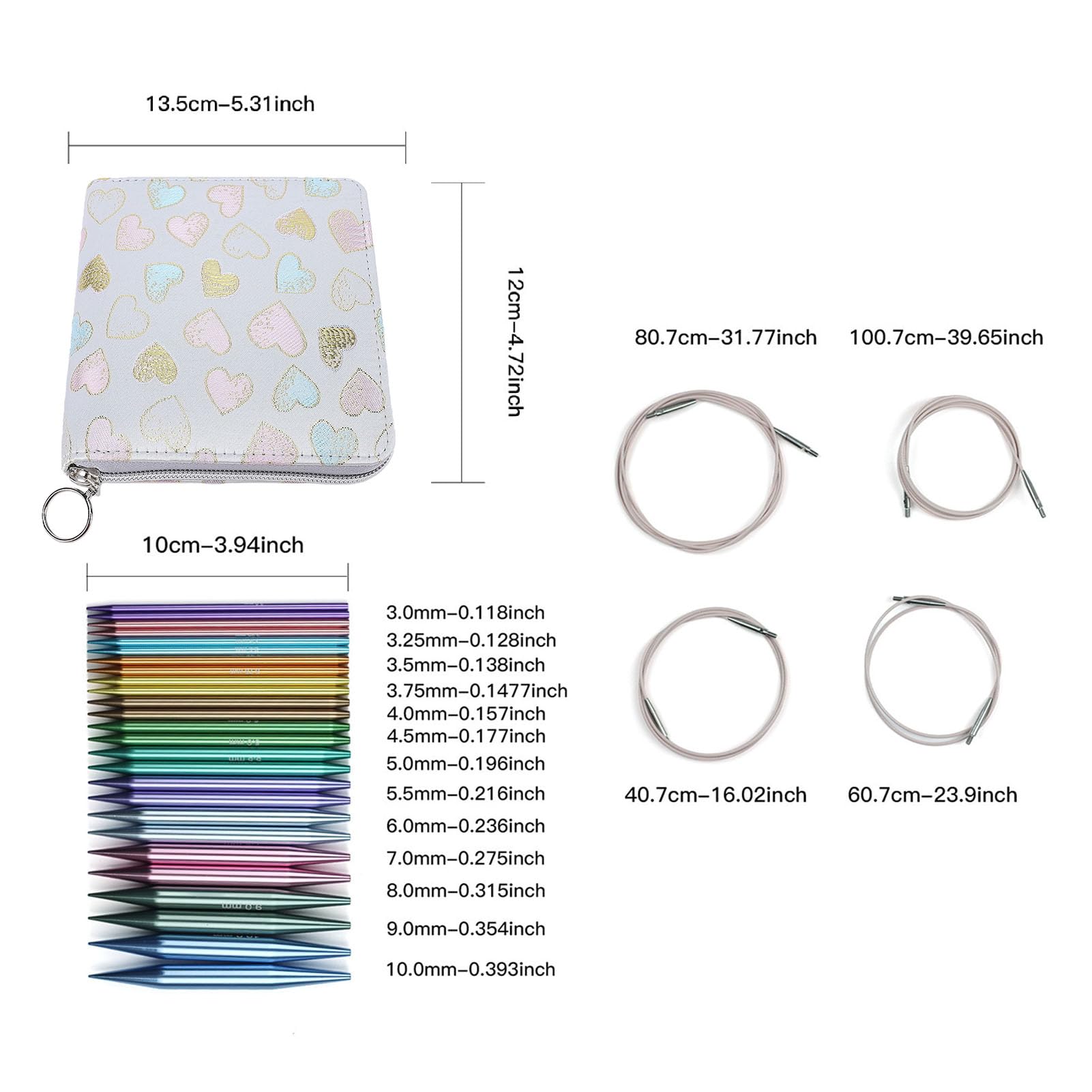 Depisuta Juego de Agujas de Tejer Intercambiables, 13 Pares | 3,0 a 10,0 mm, 4 cables de 40,7 a 100,7 cm, estuche con cremallera, aluminio, acero inoxidable, PU para calcetines, bufandas
