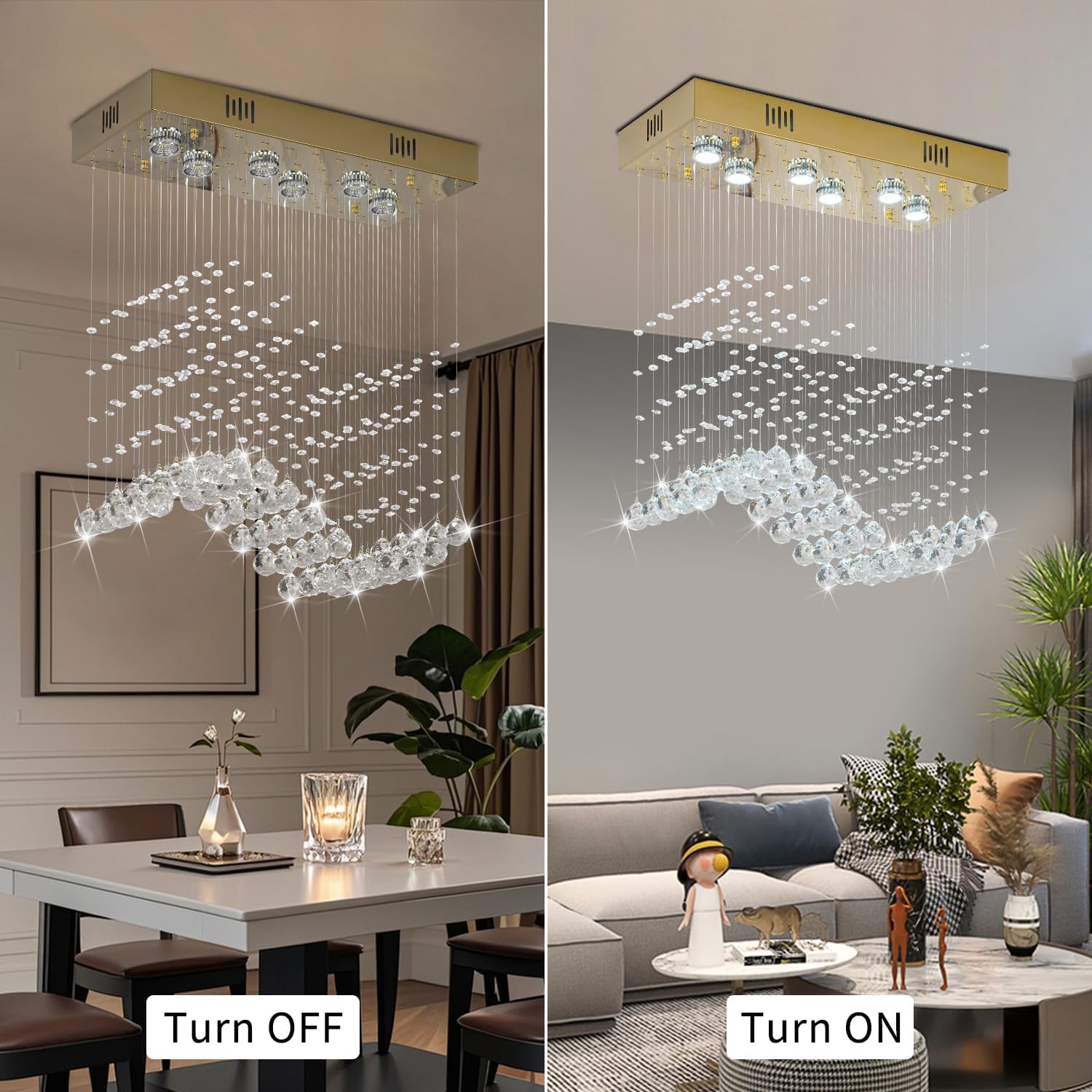 CRYSTOP Modern Gold Wave Rectangular Chandelier for Dining Room Over Table, 6-Lights Raindrop Elegant Ceiling Light Fixture for Kitchen Island, Funny Flush Mount Pendant Light for Kids/Girls Room