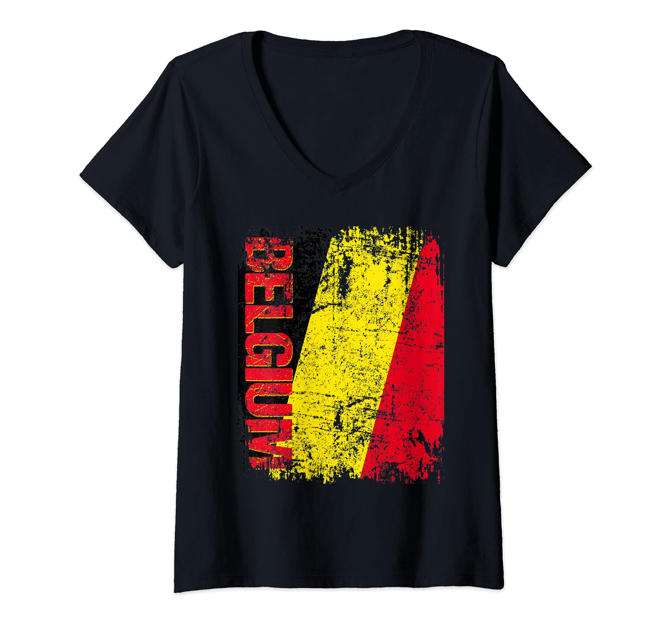 Womens BELGIUM Flag Vintage Distressed BELGIUM V-Neck T-Shirt, Black