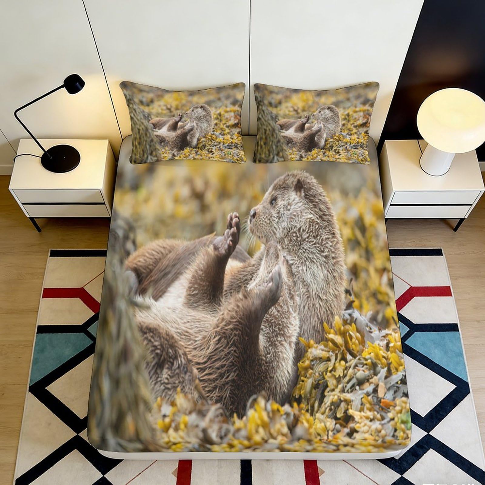 3D Printed Otter Family Fitted Sheet Microfiber Soft Brown Animal Forest Bed Cover for Bedroom Guest Room Decor 90x200x25cm