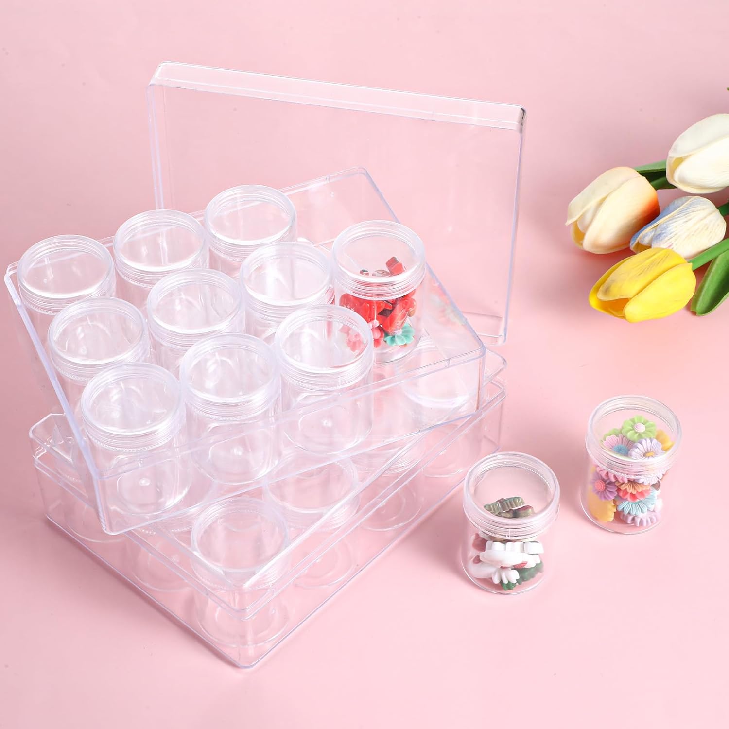 4 Pcs Bead Organizer Transparent Embroidery Bead Storage Containers with Lid, Diamond Art Plastic Storage Containers for DIY Crafts Jewelry Earring Sewing Pills Nail Small Items, Clear (12 Grids)
