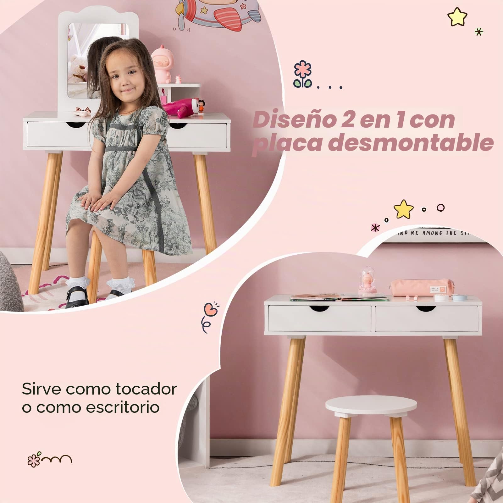 COSTWAY Juego de tocador para niños, 2 en 1, Escritorio y Taburete con Espejo extraíble, 2 cajones, Peine, tocador de Madera, para niñas de 3 a 7 años