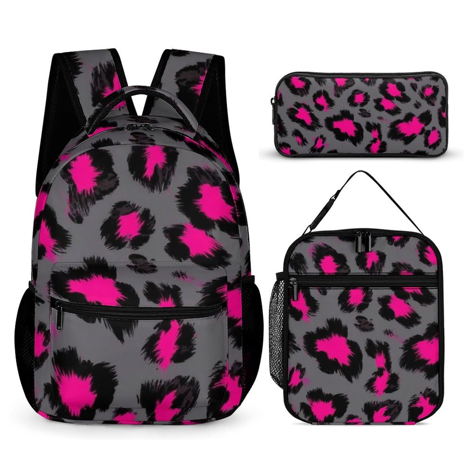 Sac à dos léger avec boîte à lunch, trousse de maquillage et rangements (Rose luxueux, Gris foncé, L)