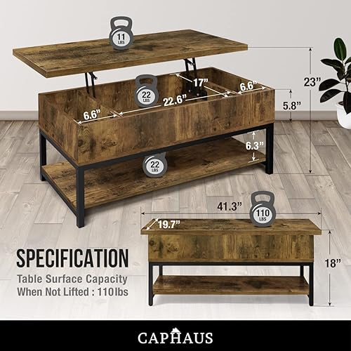 Miniatura 3 de CAPHAUS Mesa auxiliar elevable con compartimento oculto y estante abierto, 41 pulgadas, roble rústico Roble