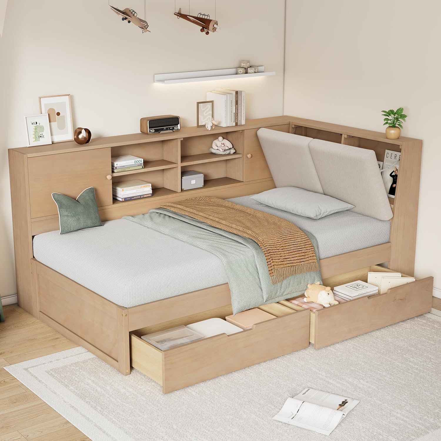 MERITLINE Solid Wood Full Captain Bed with Storage for Adults (Natural Wood)