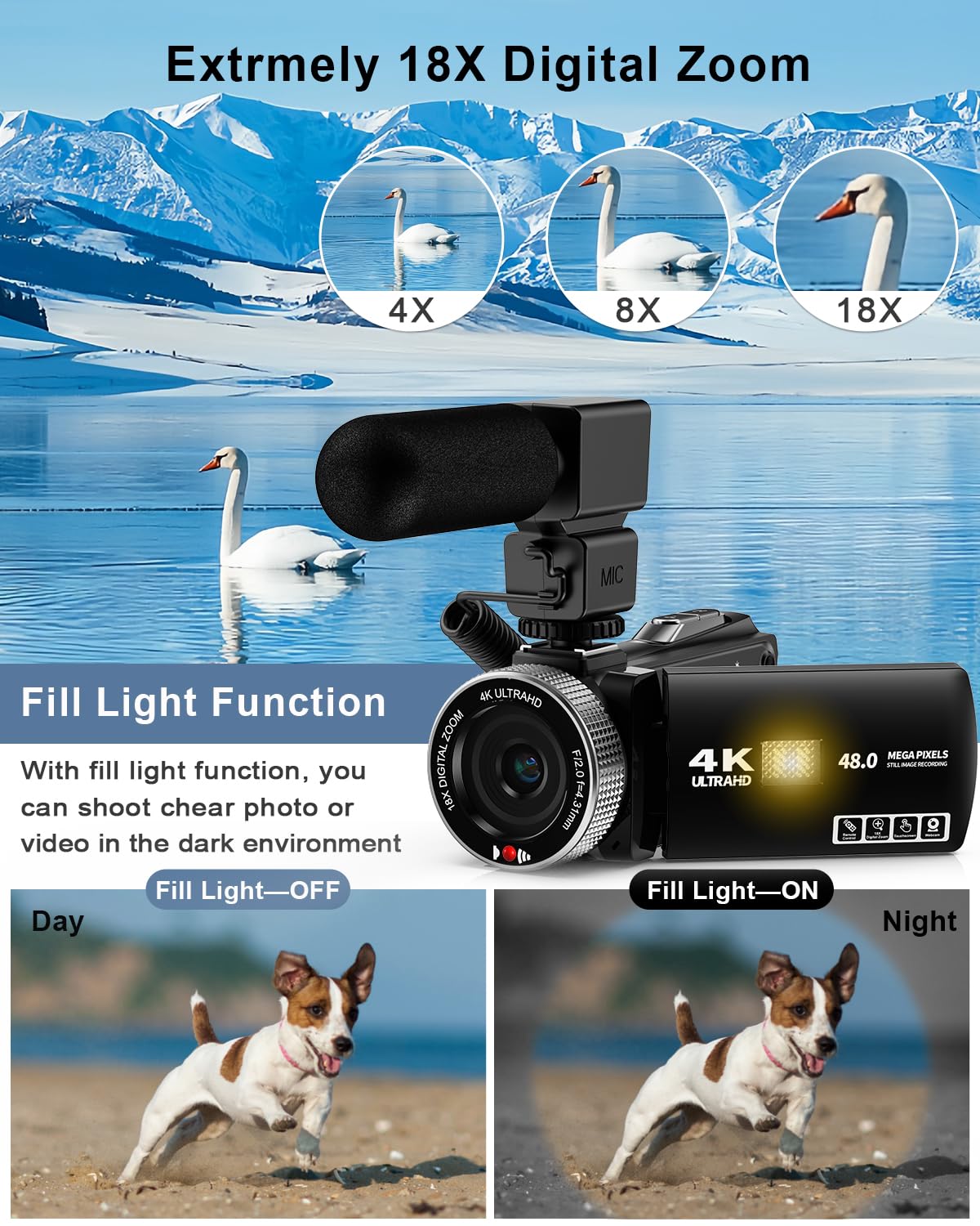 Videocamera con microfono HD 4K Videoregistratore Videocamera Vlogging per YouTube Videocamera per riprese con schermo touch da 3 pollici, zoom digitale 18X e scheda SD 32G