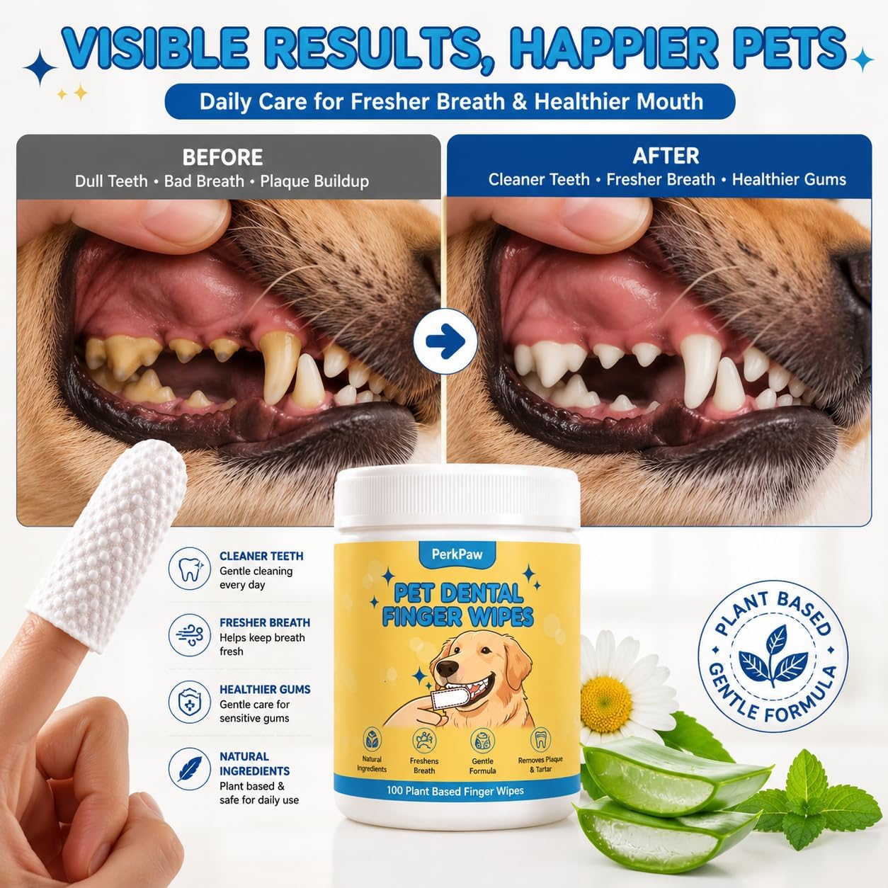 Pet Teeth Cleaning Wipes for Dogs & Cats, Vet-Recommended Remove Bad Breath, Plaque, Tartar Buildup Dog Finger Toothbrush Wipes - 3