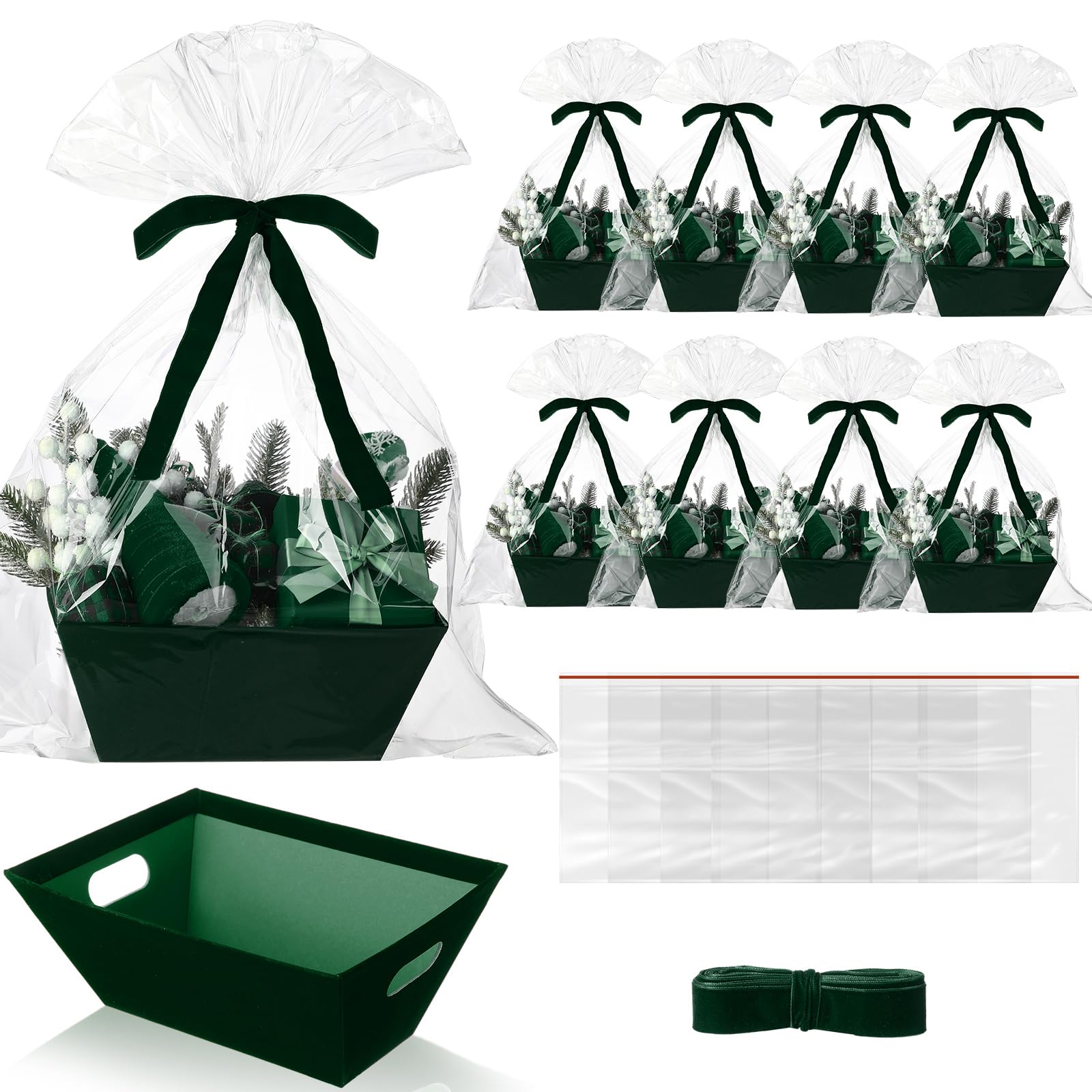 Kolldenn 24 cesti natalizi in velluto verde scuro per regali vuoti fai da te, 20,3 x 25,4 cm, kit con manici, 8 cesti di velluto, 8 sacchetti e 8 fiocchi da riempire per Natale, matrimoni, compleanni