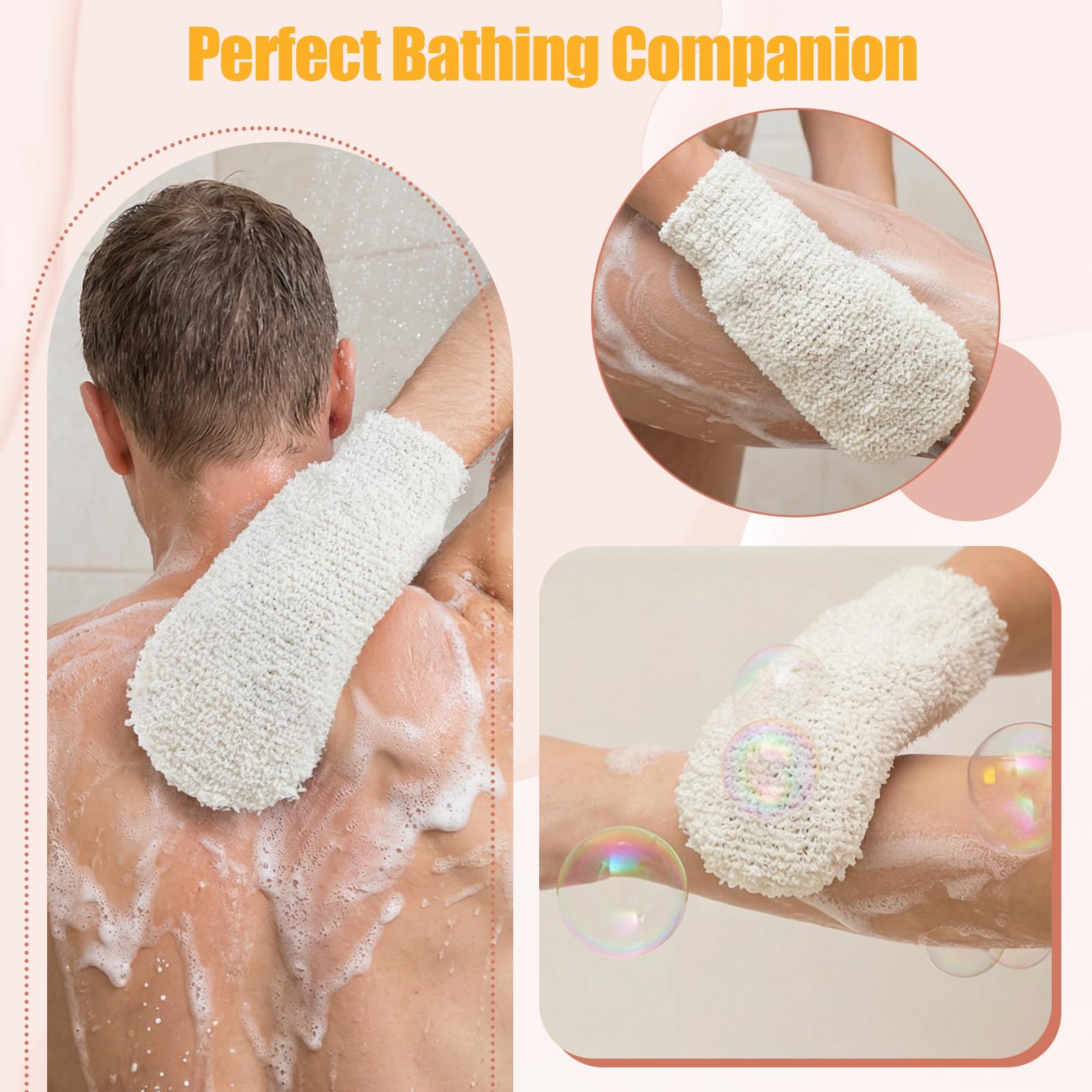 Kit exfoliant pour le dos avec gants de massage, double face avec poignées, pour douche, gant de toilette pour le dos, pour homme et femme, salle de bain, douche (beige) - 4