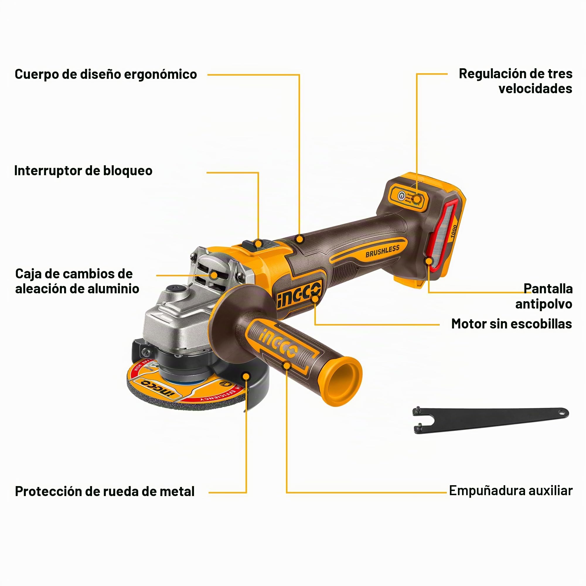 INGCO Amoladora angular inalámbrica de 20 V (producto solo) 115 mm, 1000 W, motor sin escobillas, variable de 3 velocidades, 3000/6000/9000 rpm para cortar, pulir y afilar CAGLI27153