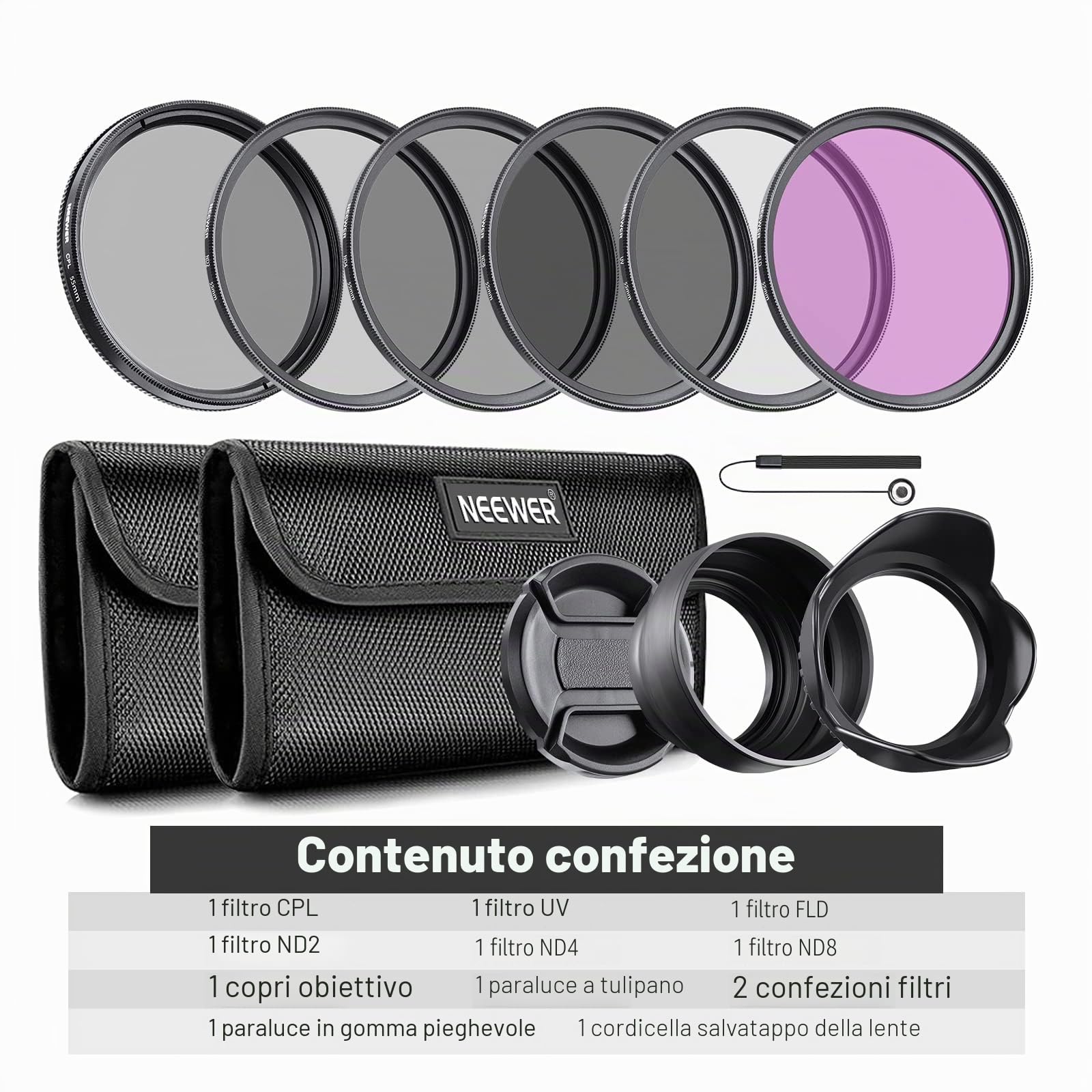 Neewer - Filtri fotografici, per obiettivo da 55 mm, professionali UV/CPL/FLD e filtro a densità neutra ND (ND2/ND4/ND8), per Sony A37 A55 A57 A65 A77 A100
