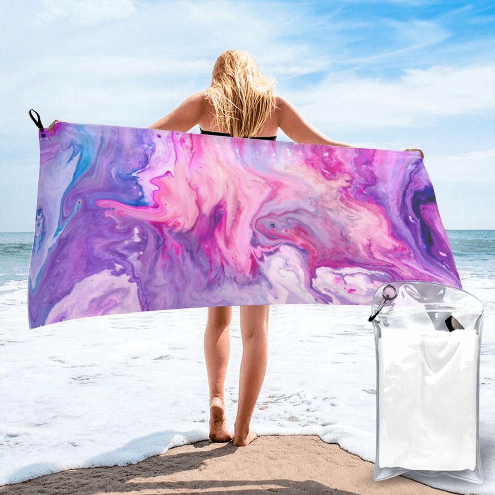 VCzsdff Marble Purple Colorful Print Quick Dry Towel Compact Beach Shower Wrap For Camping Fitness
