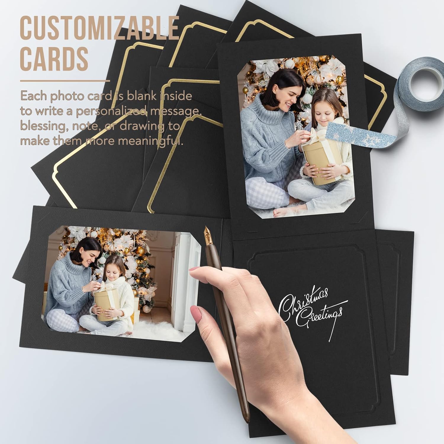 Golden State Art, Pack of 100, 4x6/5x7 Photo Folders, Cardboard Picture Frame, Paper Photo Frame Cards, Greetings/Invitation Cards, Special Events: Graduation, Christmas, Wedding (Black Gold Lining)