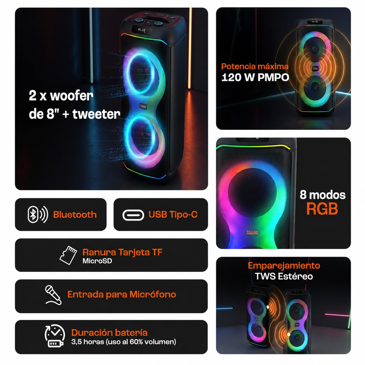 TrueVibe 8 Altavoz Bluetooth Portátil, 120 W PMPO, Woofer 8", Iluminación RGB, TWS, Entrada para Micrófono, Batería 3600 mAh, USB-C (120, Vatios, TrueVibe 8)