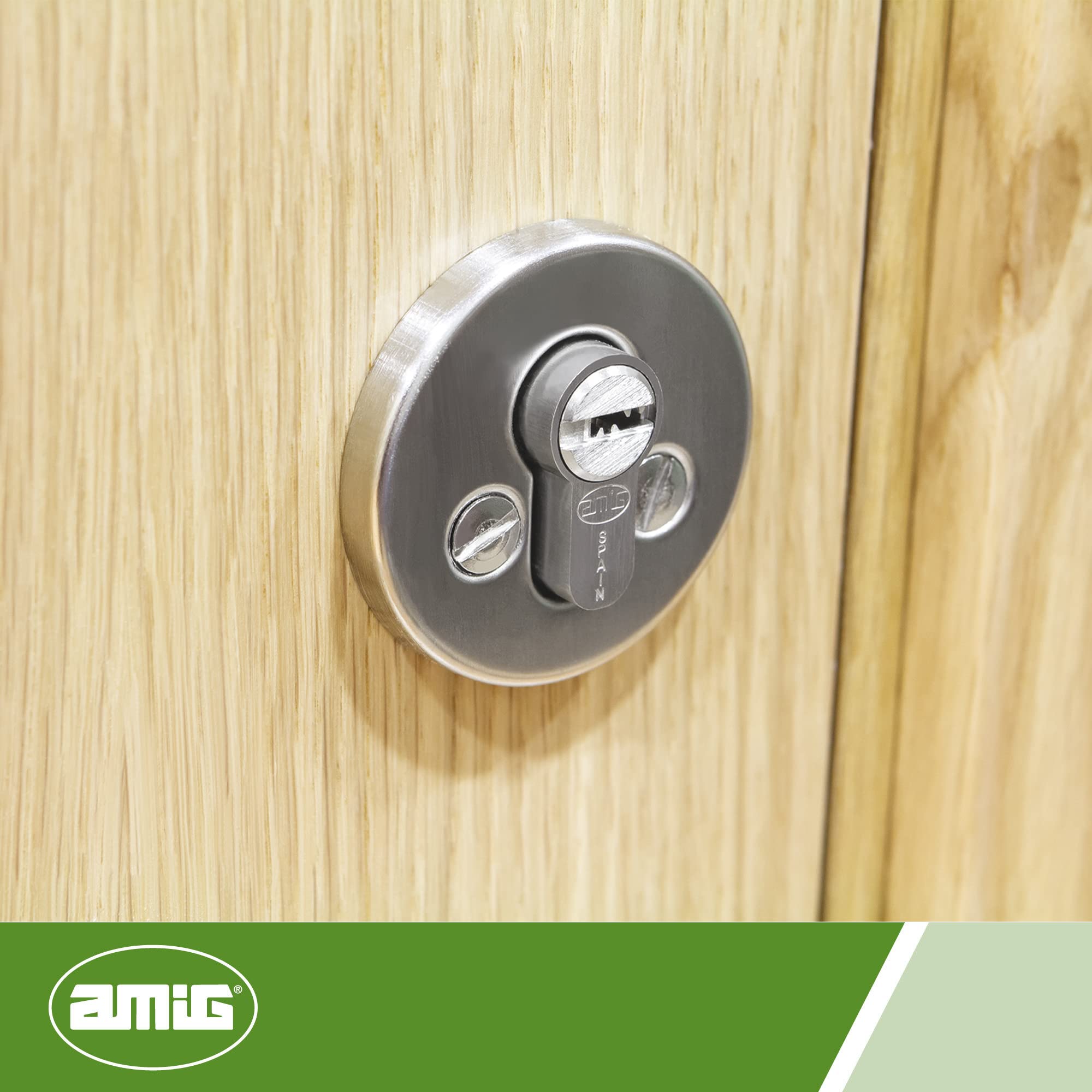 Amig - Pack de Seguridad Cerrojo de Acero y Cilindro de Latón Igualado para Puertas de Madera - Mod. 1PLUS - ø 62 mm (31-31) - Aumenta la Seguridad de tu Hogar - Acero Plateado